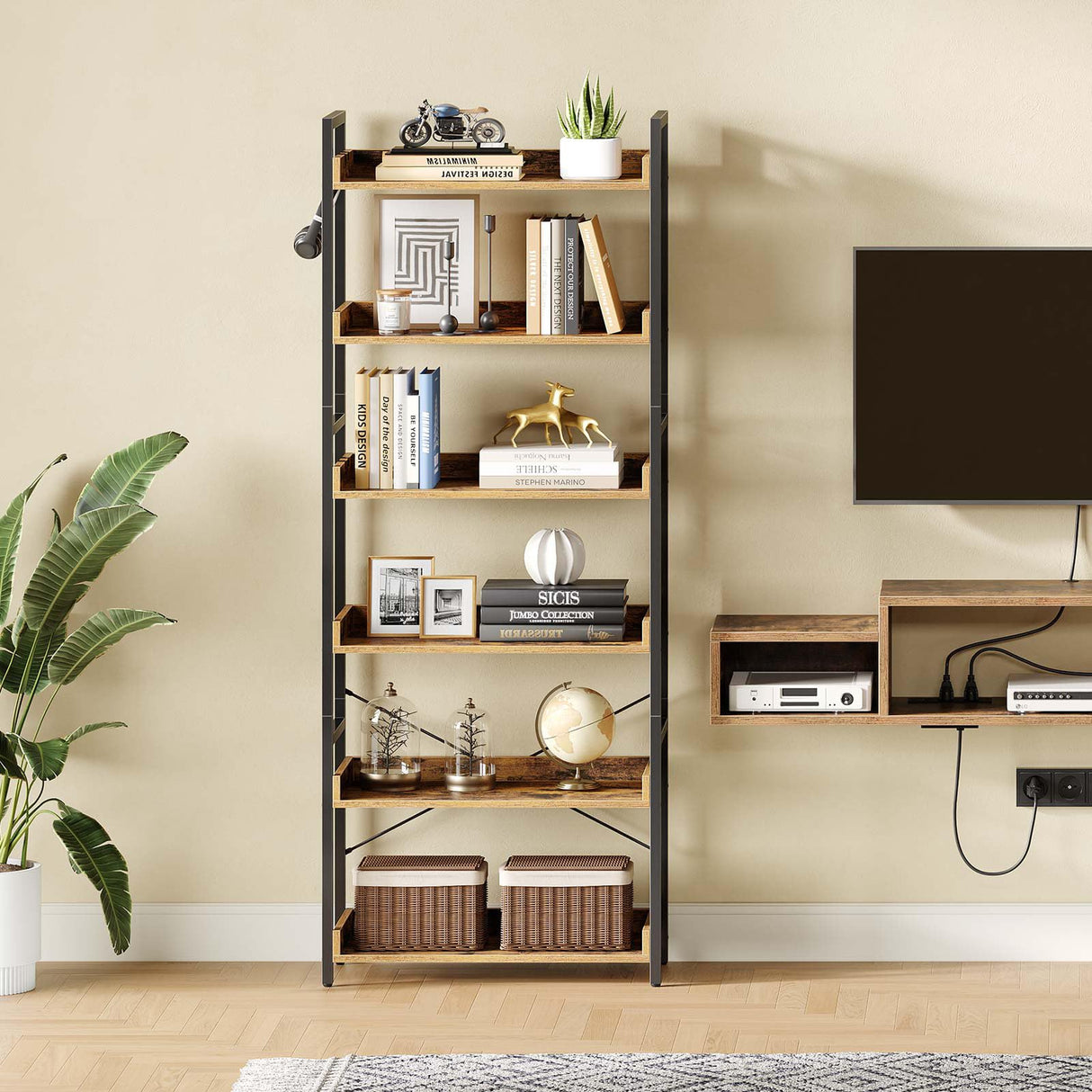 Rolanstar Bookshelf 6 Tier with 4 Hooks, Industrial Wood Bookcase, Vintage Storage Rack with Open Shelves, Rustic Standing Bookshelves Metal Frame Display Rack for Living Room, Bedroom, Rustic Brown Rolanstar