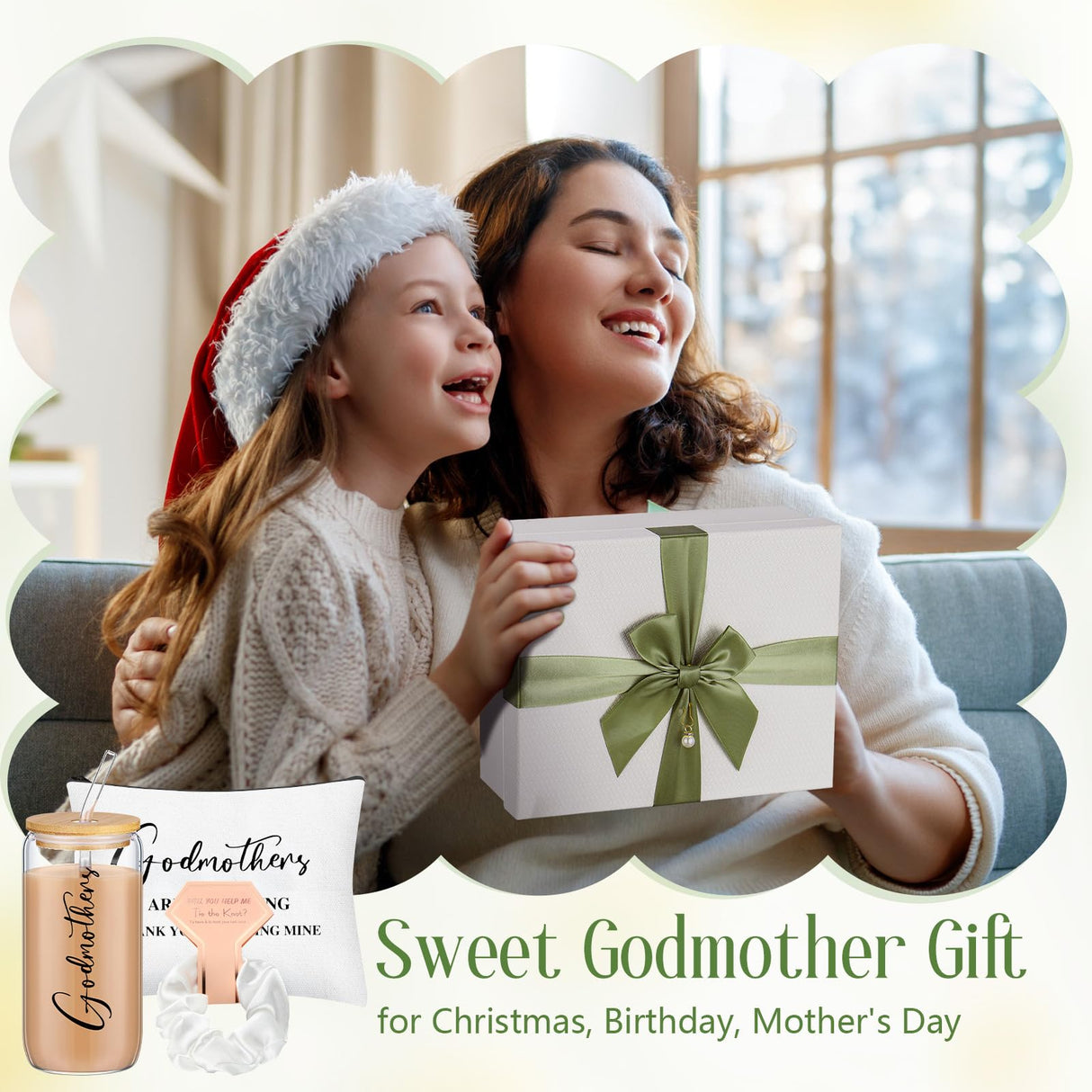 Skylety Godmother Proposal Gifts Set 16 oz Coffee Glass Godmother Cosmetic Bag White Hair Scrunchies,Gift Box, Christmas Gifts for Godmother, Christmas Wedding Holiday Appreciated Gift Skylety