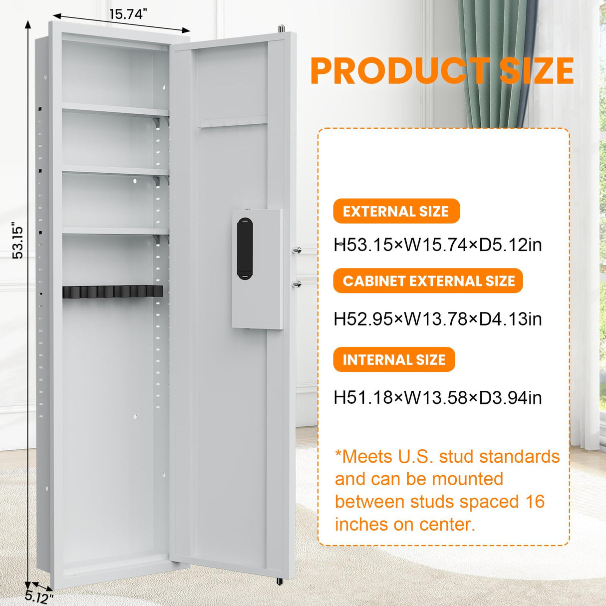 Omethey 53.15" Wall Safe Between the Studs, Hidden Safe with Dual Alarm System and Silent Mode, Wall Gun Safe with 3 Adjustable Shelves and Magnetic Slot (White-Digital) Omethey