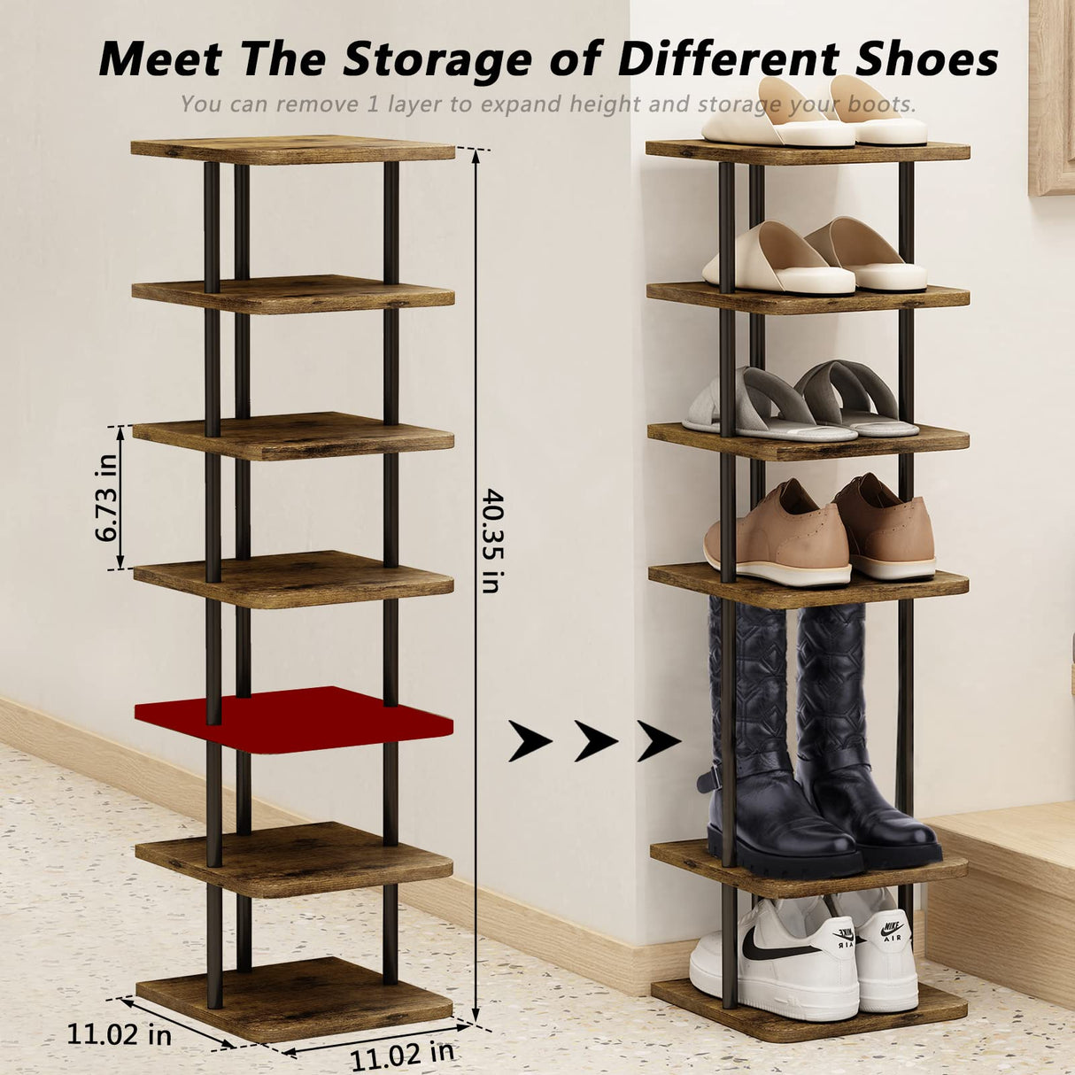 AZERPIAN Shoe Rack 7 Tier Vertical Storage Organizer Narrow Metal Slim Shelf Modern Free Standing Shoe Tower Saving Space for Closet Entryway Bedroom,Black+Rustic Brown AZERPIAN
