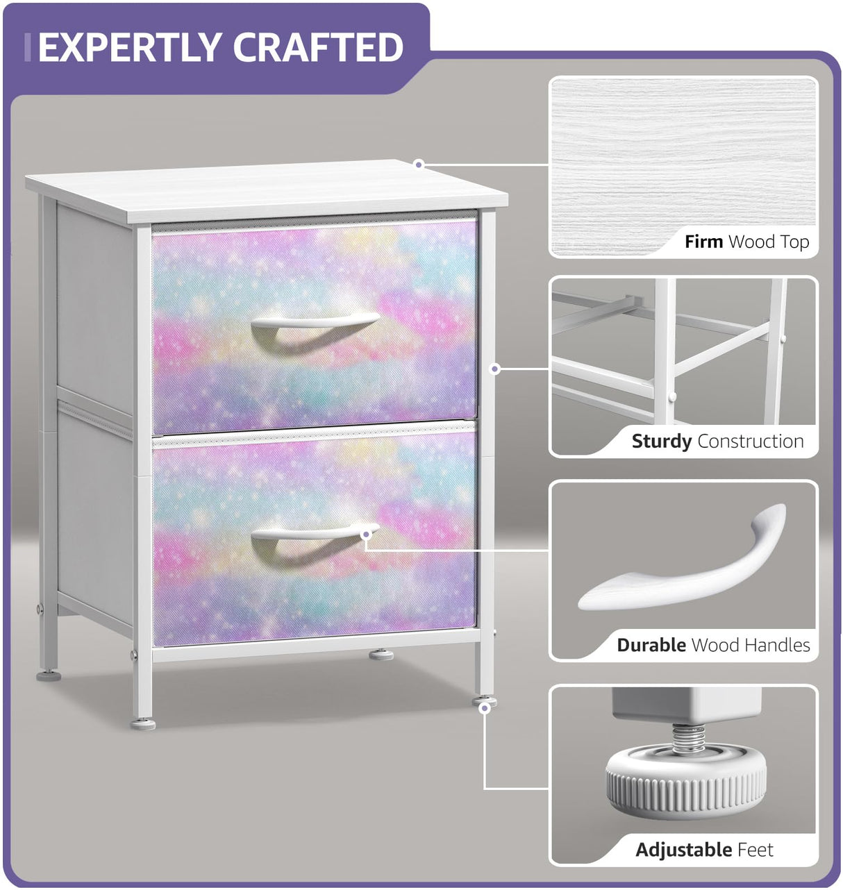 Sorbus Kids Dresser with 2 Drawers - Storage Chest Organizer Nightstand - Steel Frame, Wood Top, Tie-Dye Fabric Bins for Clothes - Wide Furniture for Bedroom, Hallway, Nursery, Closet, & Apartment Sorbus