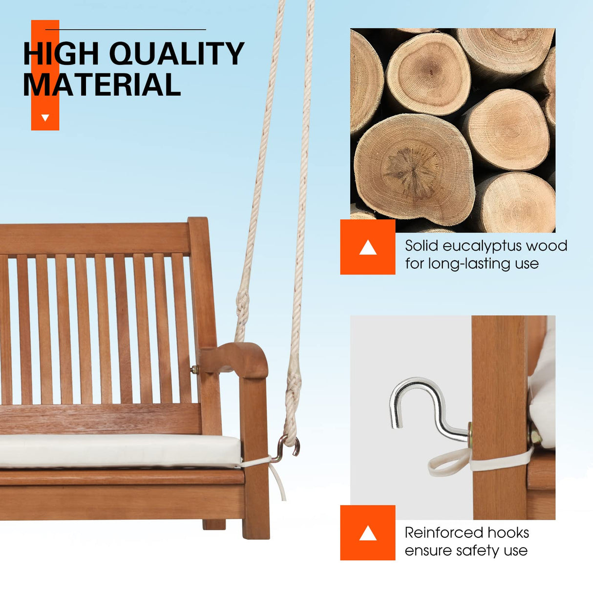 Tangkula 2 Person Hanging Porch Swing, Outdoor Bench Swing with Hanging Ropes, High Back, Cozy Armrests, Heavy Duty 800Lbs Wooden Hanging Swing Chair with Cushion for Backyard, Deck, Garden Natural Tangkula