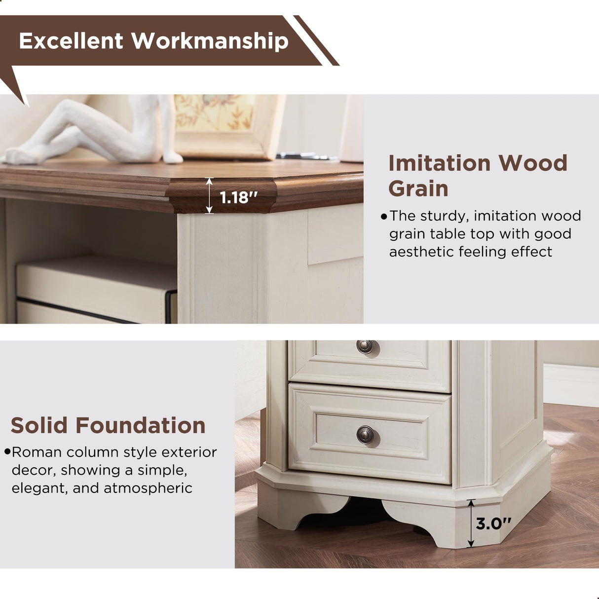 T4TREAM Farmhouse Nightstand with Charging Station, 18" End Table with 2 Drawers, Wood Side Table, Bedside Cabinet for Bedroom, Living Room (Antique White) T4TREAM