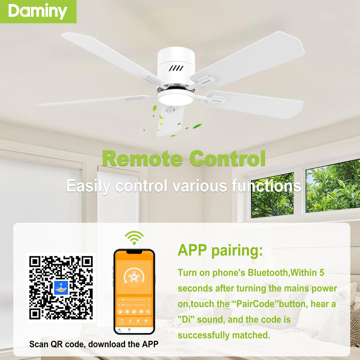 DAMINY 52 inch 5 Blades White Ceiling Fans with Lights,Flush Mount,6CCT, Low Profile Ceiling Fan with Light and Remote Control,DC Motor,Ceiling Fan for Bedroom, Kitchen,Living Room,Indoor/Outdoor Use DAMINY