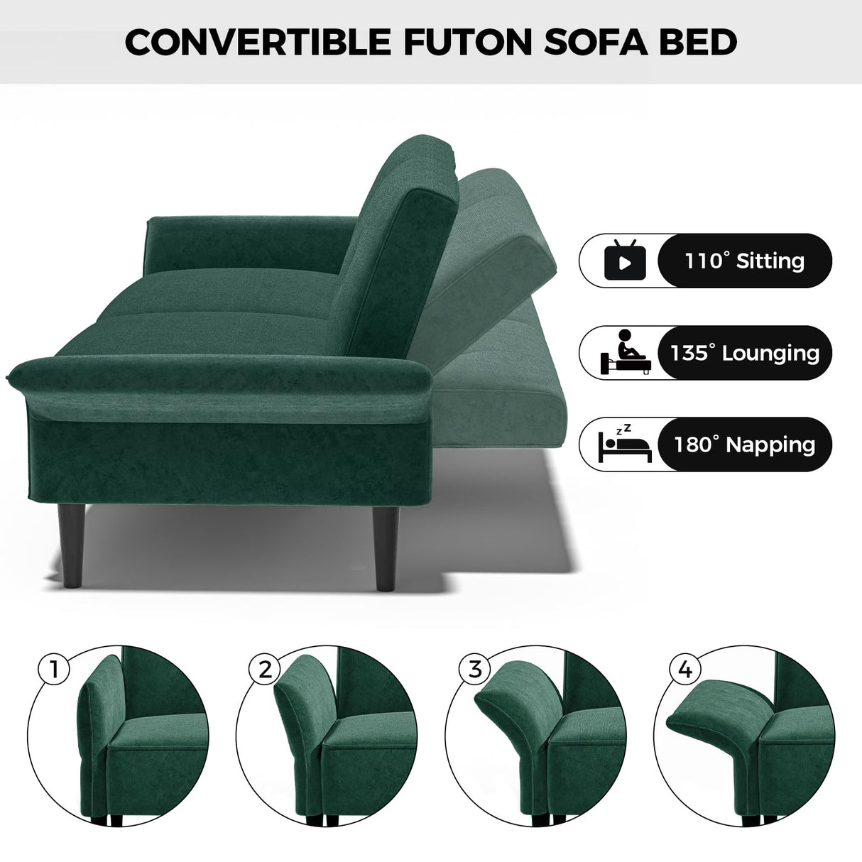 COPIAE 89” Futon Sofa Bed, Velvet Fabric Comfy Futon Couch Bed with 2 Square Pillows, Convertible Sleeper Sofa with Adjustable Backrest& Armrests, Modern Loveseat Sleeper for Living Room, Bedroom COPIAE