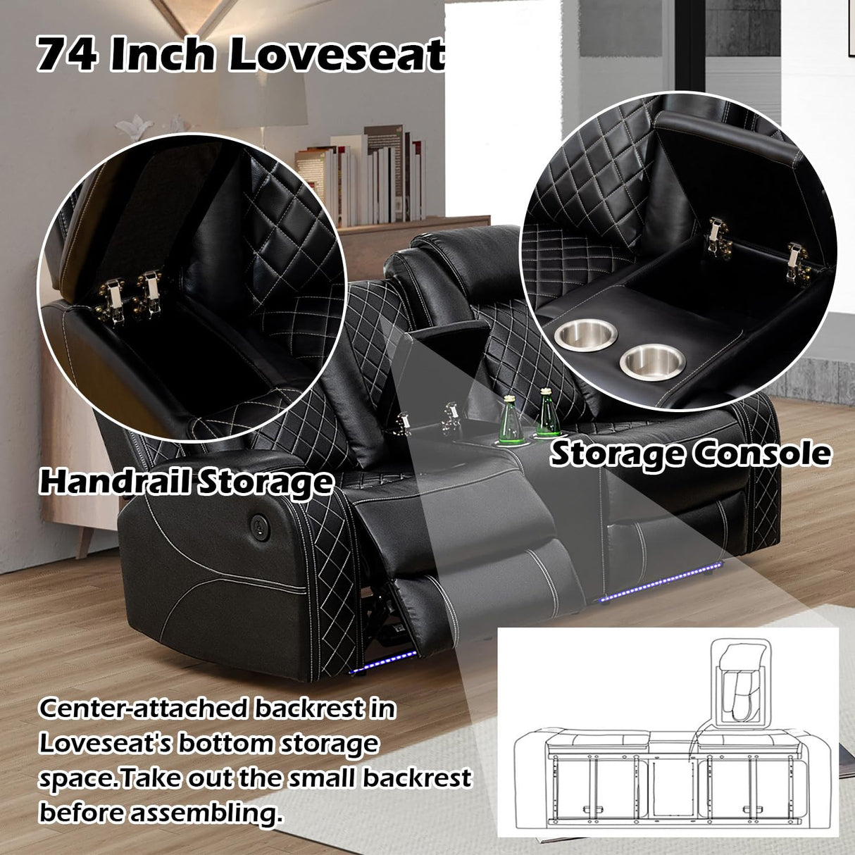 SIENWIEY Power Recliner Sofa Set for Living Room Furniture Sets,Leather Reclining Couch Set with LED Lights,Recliner Leather Sofa and Loveseat with Storage/Cup Holders/Charging Port,Black SIENWIEY