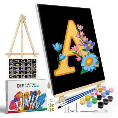 JOOZ Letters Paint by Numbers Kit for Adults with Frame, Paint by Number for Beginners with Easel, DIY Letters Flowers Easy Paint by Number Kits Framed Canvas for Home Wall Decor 8 x 12 Inch, A