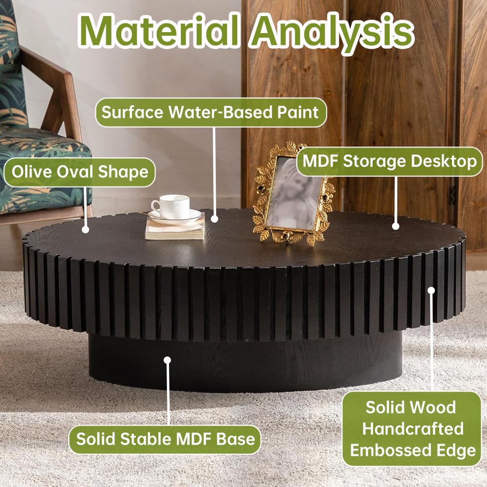 Oval Drum Coffee Table Handcraft Fluted Coffee Table Wood Round Drum Coffee Table Mid Century Modern Coffee Table Pedestal Coffee Table for Living Room Farmhouse (Black Oval) SOUWOFS