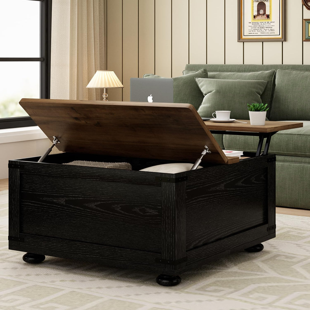 Farmhouse Lift Top Coffee Table with Storage, Black Lift Top Coffee Table with Hydraulic Gas Rod, Large Lift Square Top Coffee Table with Wood Gourd Feet, Coffee Table with for Living Room MaverickFurni