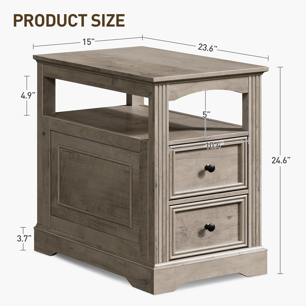 RALGEND Farmhouse End Table with 2 Drawers, Narrow Sofa Side Table with Storage and Open Shelf, Wooden Nightstand for Small Spaces, Bedroom, Living Room, Greige RALGEND