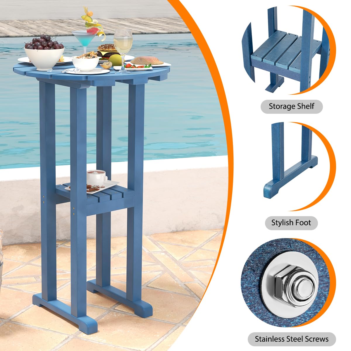 Sundale Outdoor 39 Inches Height Adirondack Bar Table, Patio HDPE Pub Height Round, All Weather High Top Bistro Desk for Outside Table Porch Balcony Poolside, Navy Blue Sundale Outdoor