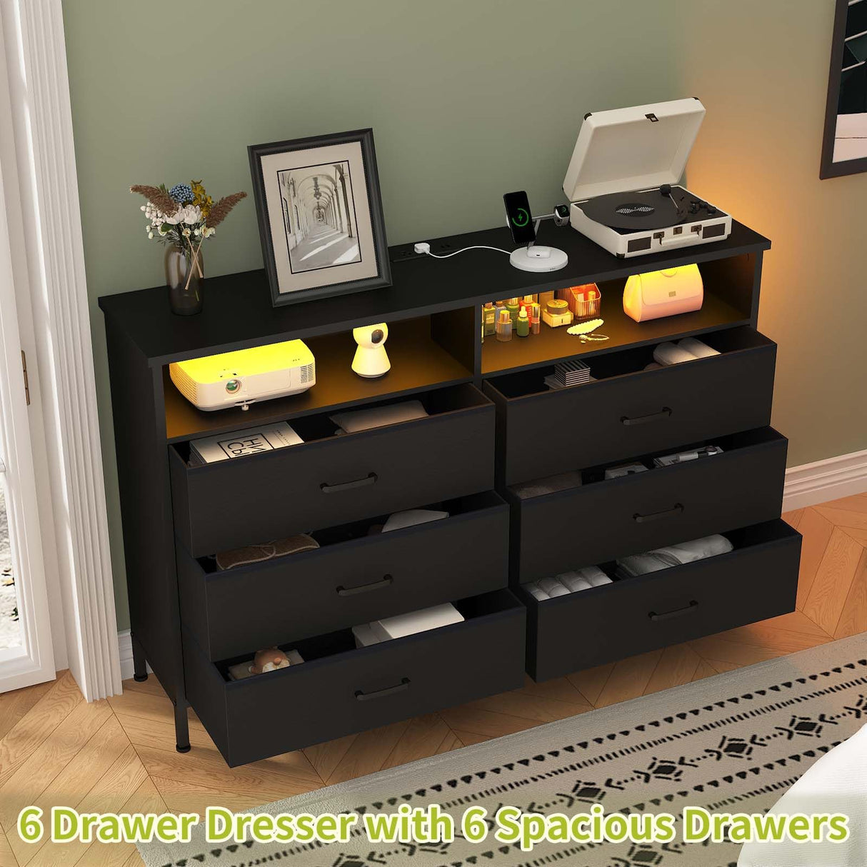 Dresser for bedroom, Black Bedroom Dresser with LED Lights and Charging Station, 6 Long Drawers Dresser, Tall Wide Fabric Chest of Drawers Storage Organizer TV Stand for up to 60" TV for Living Room SOOWERY