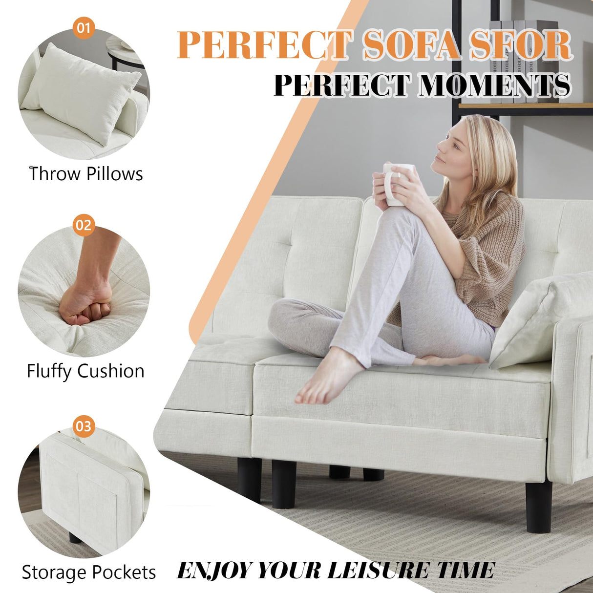 Oprisen Convertible Futon Sofa Bed, Modern Chenille Upholstered Tufted Couch Sleeper with Adjustable Backrest for Living Room, Bedroom, Office, Apartment (White, Loveseat) Oprisen