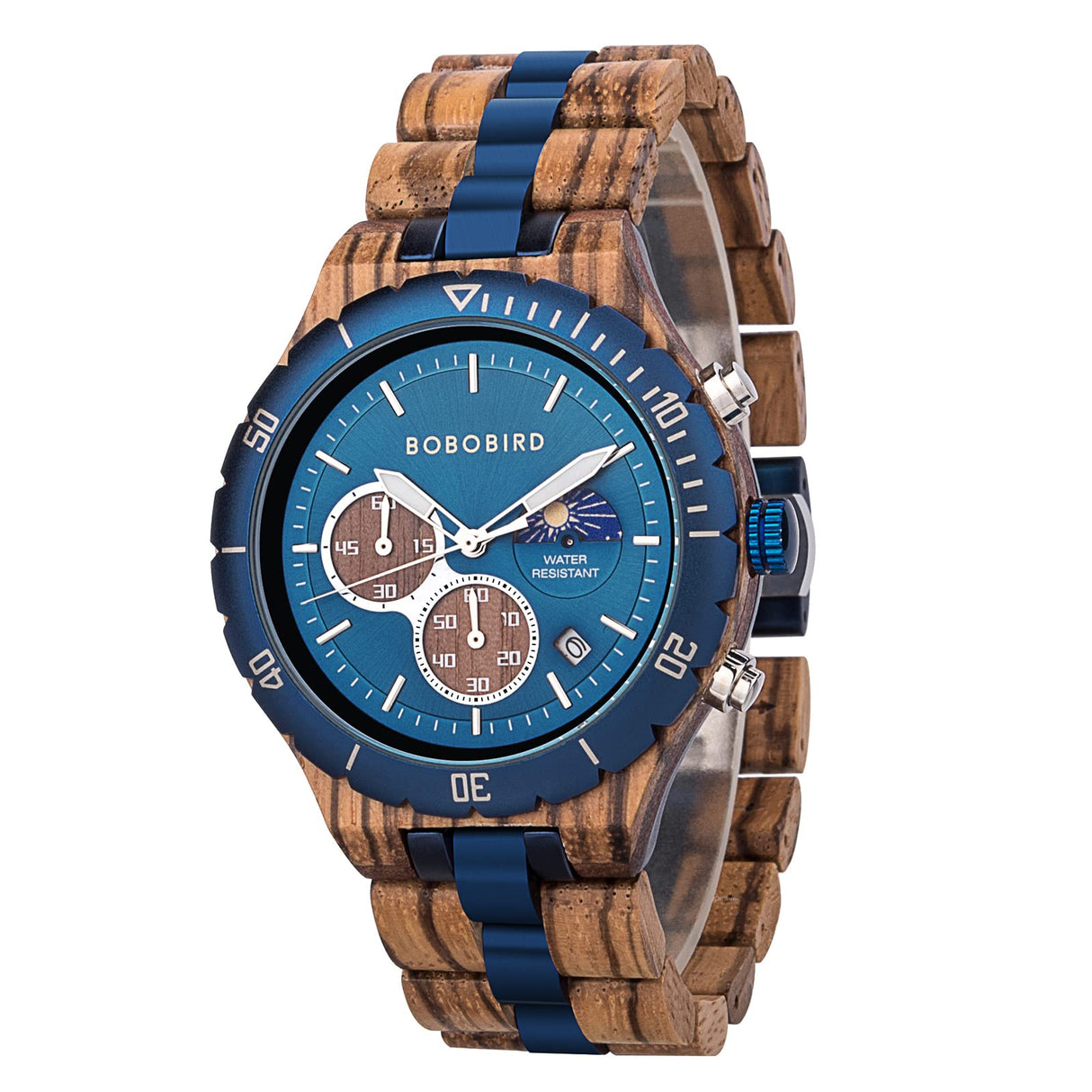 BOBO BIRD Mens Quartz Wooden Watches Stainless Steel Red Sandalwood Alloy Wood Watch for Male Classic Function Wristwatch Chronograph Luminous Hands (Blue) BOBO BIRD
