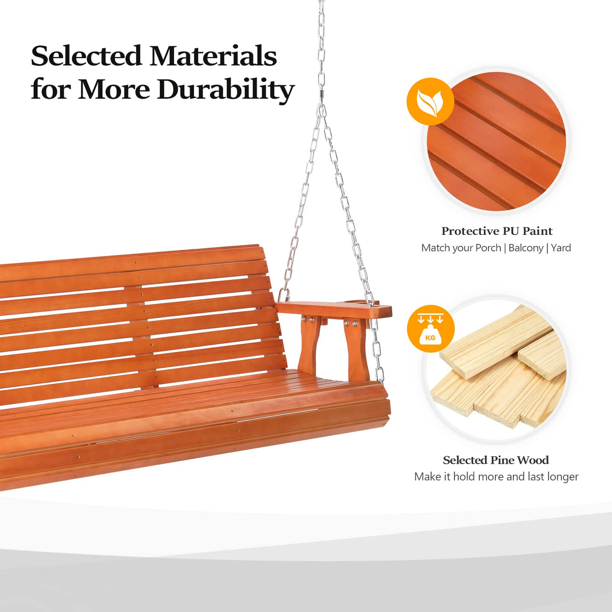 VINGLI Heavy Duty 880 LBS Patio Porch Swing Outdoor with Cup Holder, Hanging Chair with Adjustable Secure Chains, Pine Wood Outdoor Bench Tree Swing for Yard | Garden | Lawn | Balcony (5 FT, Brown) VINGLI