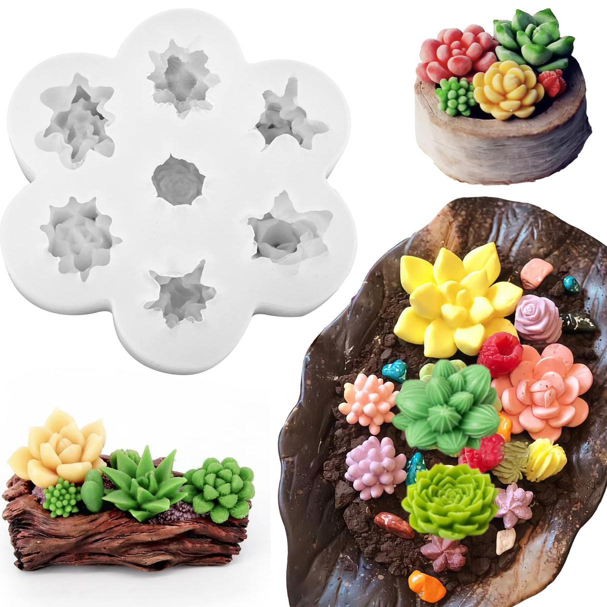 7 Cavity Succulent Candle Mold for Candle Making, 3D Succulents Silicone Molds for Scented Candle Soaps Making, Wax, Resin Casting, Dessert Mousse Cake Decoration ZQYSING