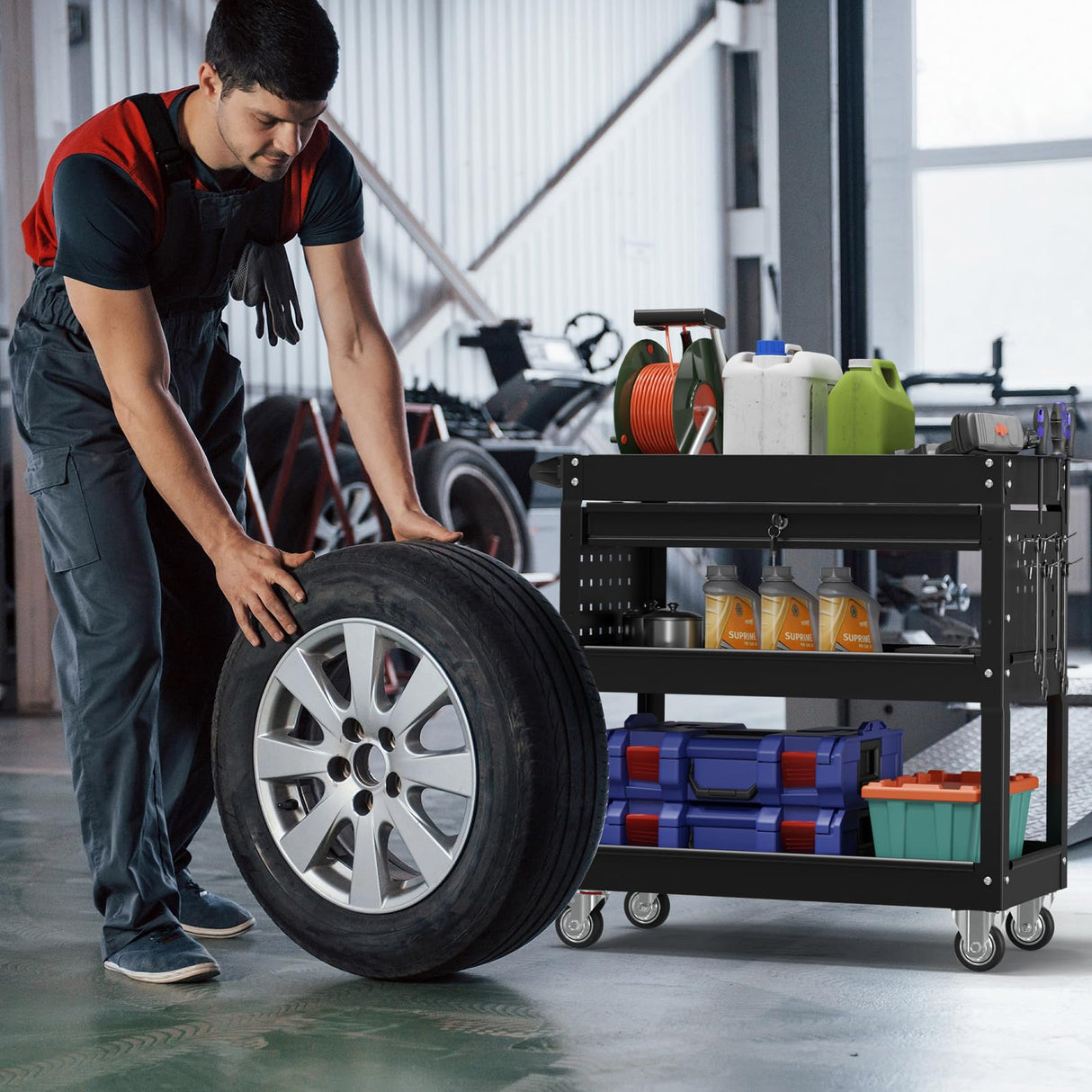 Granper 3 Tier Rolling Storage Cart, Heavy Duty Utility Industrial Service Cart on Wheels, Metal Tool Cart with Locked Drawers, Ideal for Garage, Warehouse and Repair Shop(Black) Granper