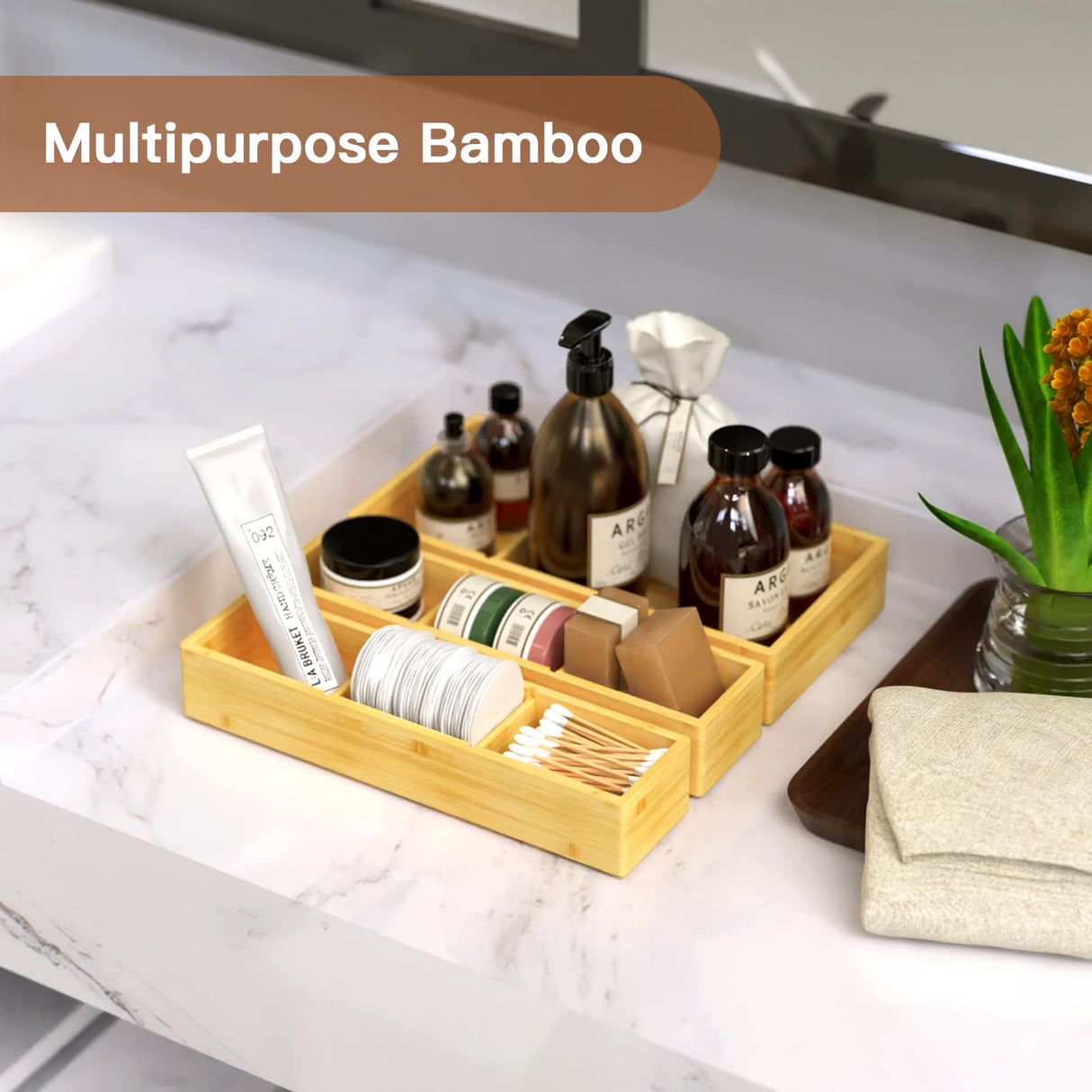 Bamboo Drawer Organizer 12.5'' X 12.5'' X 2'', Adjustable 3 Individual Junk Drawer organizer for Bathroom and Kitchen, Wood Drawer Organier Boxes for Jewellery, Make up and Tea Bag DUJEN