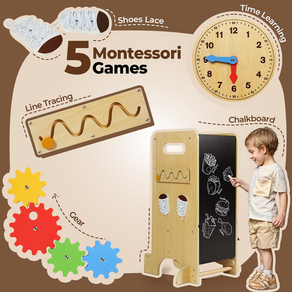 JUZBOT Toddler Tower 4 in 1 Toddler Kitchen Stool Helper Adjustable Standing Tower for Kitchen Counter with Safety Board, Slide, Chalkboard, Montessori Activities JUZBOT