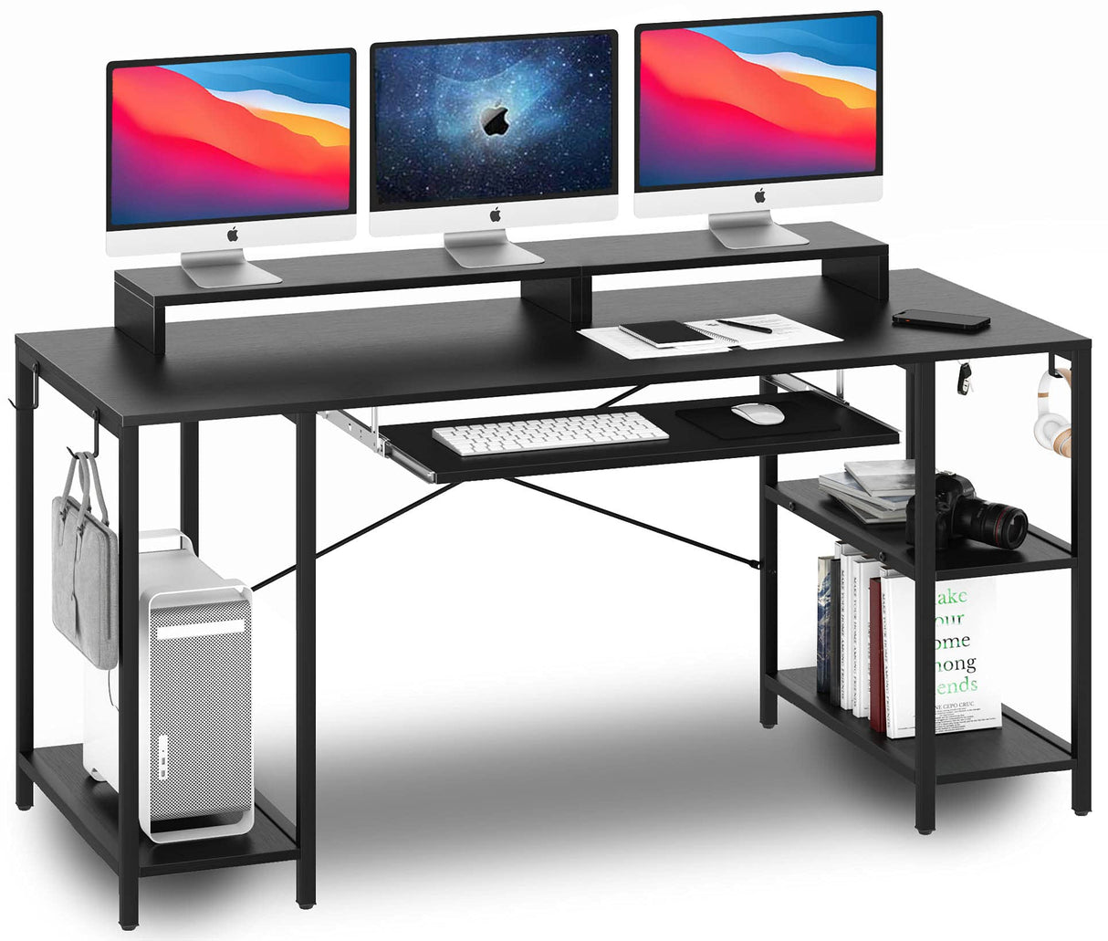 HYPIGO Workstation Desk with Keyboard Tray, 55 Inch Computer Desk with Storage Shelves Monitor Stands and 4 Iron Hooks, Industrial Desk for Home Office HYPIGO