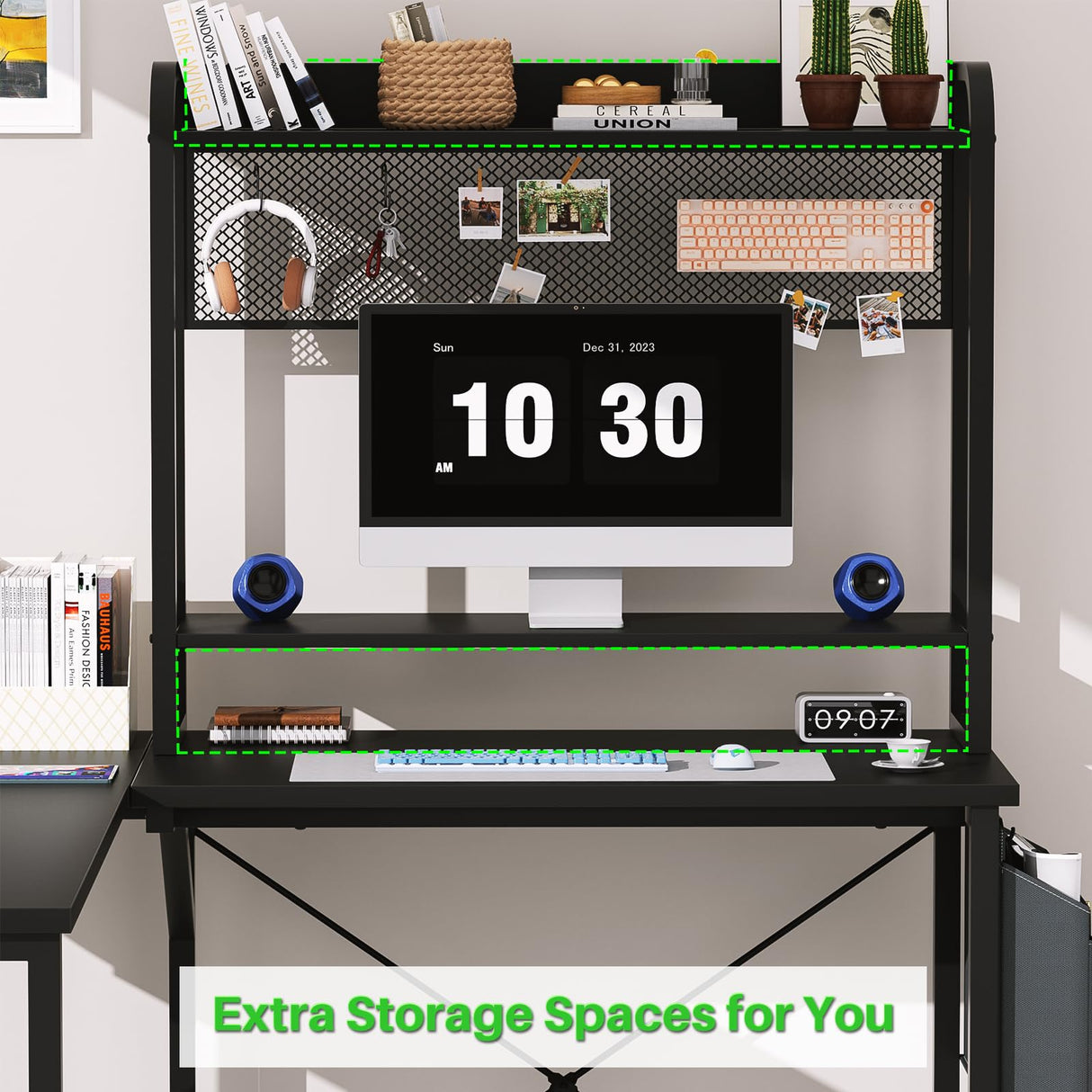 Besiost L Shaped Desk with Hutch, L shaped Computer Desk with Power Outlet and LED Lights, Reversible Corner Gaming Desk with Monitor Stand, L Shaped Desk Home Office Desk with Storage Bag, Black Besiost