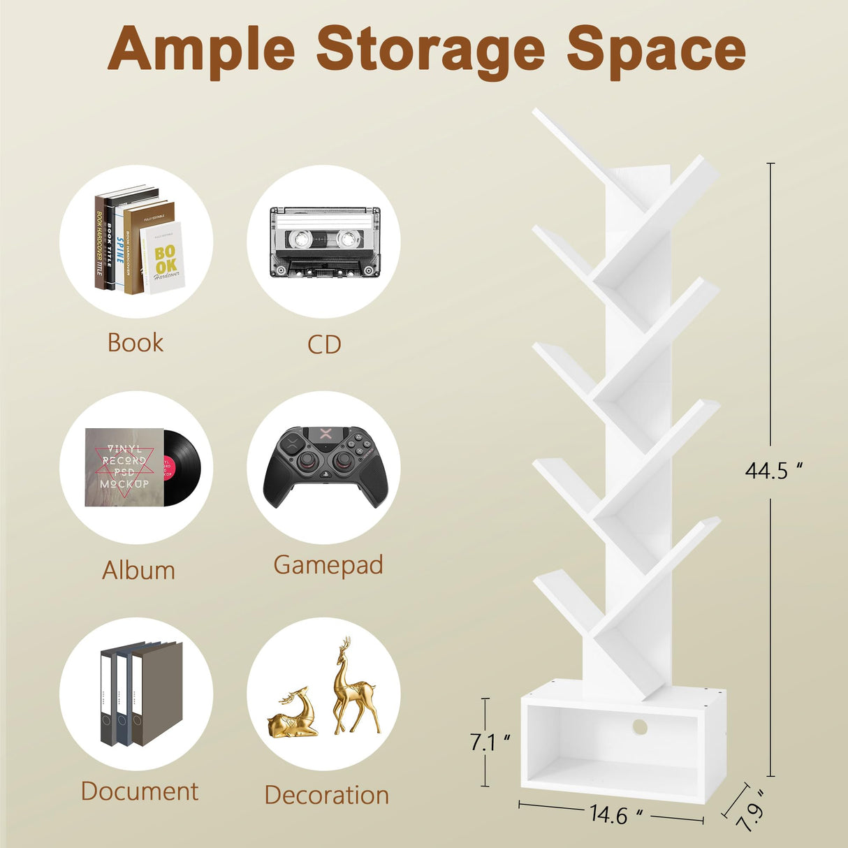 Hoctieon 9 Tier Tree Bookshelf, Tall Bookcase with Drawer, Wood Book Shelf, Modern Floor Standing Bookshelves, Book Organizer Shelves for Bedroom, Living Room, Home Office, White Hoctieon