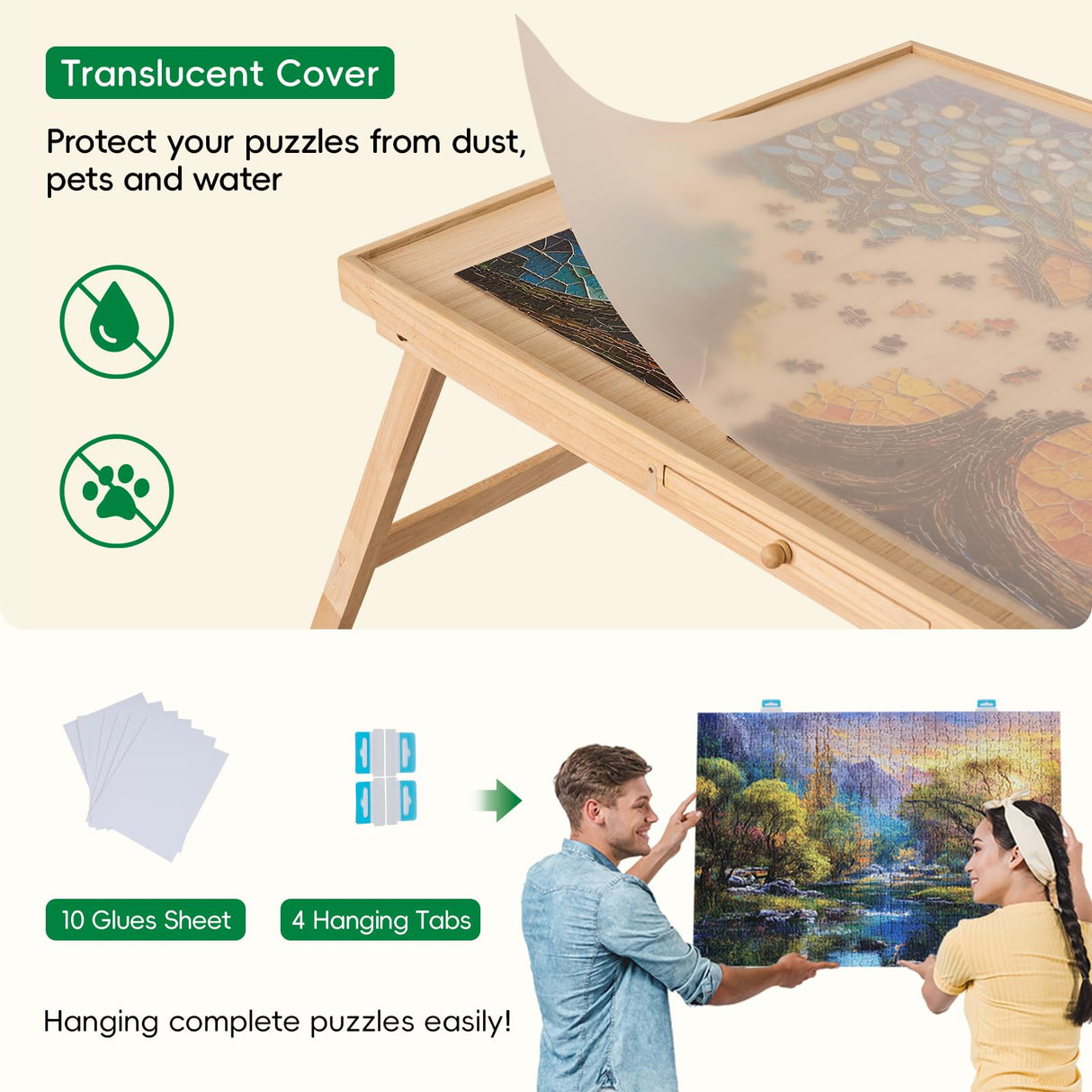 TEAKMAMA Puzzle Table 27.6" H Tall 1500 Pieces Puzzle Board with Drawers, 34.2" x 26.5" Wood Folding Jigsaw Table with Legs and Cover, Jigsaw Board for Adults, Nature TEAKMAMA