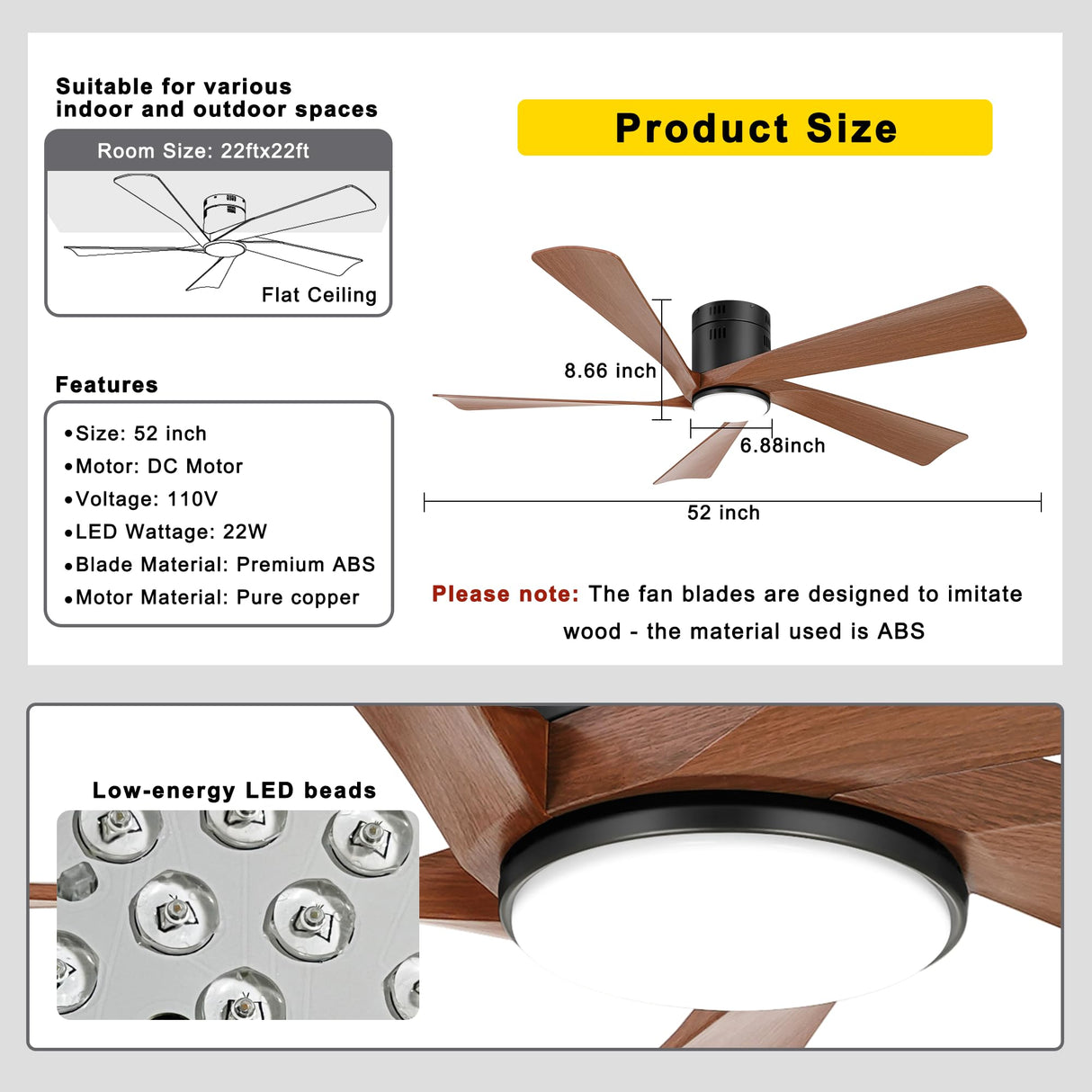 Ohniyou 52” Flush Mount Farmhouse Ceiling Fan with Lights, Remote & APP Control Low Profile Indoor Outdoor Ceiling Fans, Dimmable, Quiet DC Motor, Reversible, Black+Wood Ohniyou