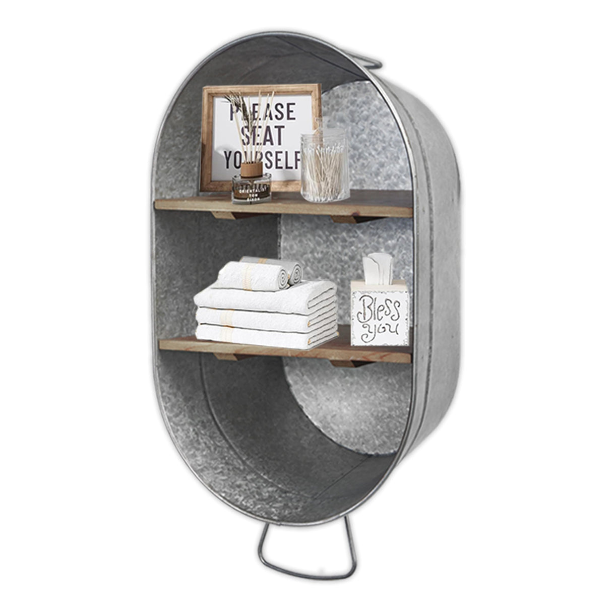 SOFE Galvanized Metal Wash Tub with Shelf, Small Oval Wall Shelf Country Bathroom Decor, 2 Tier Display Shelf Wall Mounted, Farmhouse Laundry, Floating Shelves Bathroom, Living Room SOFE