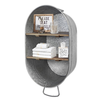 SOFE Galvanized Metal Wash Tub with Shelf, Small Oval Wall Shelf Country Bathroom Decor, 2 Tier Display Shelf Wall Mounted, Farmhouse Laundry, Floating Shelves Bathroom, Living Room