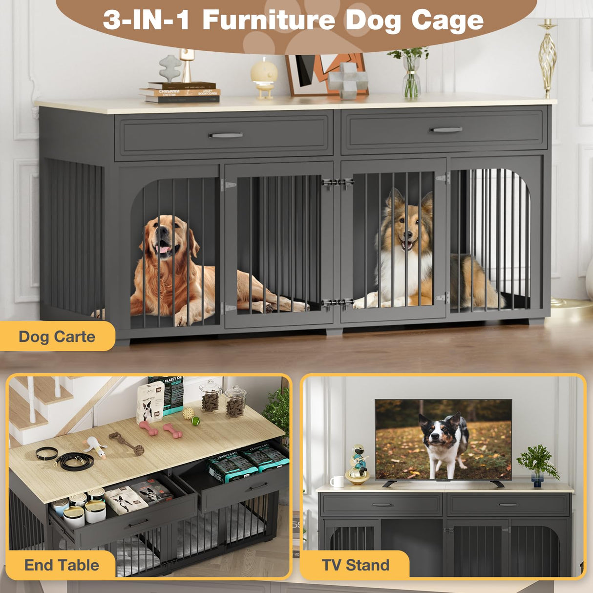 EBE 74.8'' Dog Crate Furniture, Wooden Dog Crate with 2 Drawers and Removable Divider, Heavy Duty Dog Kennel Indoor TV Stand for Small Large Medium Dogs, Black EBE