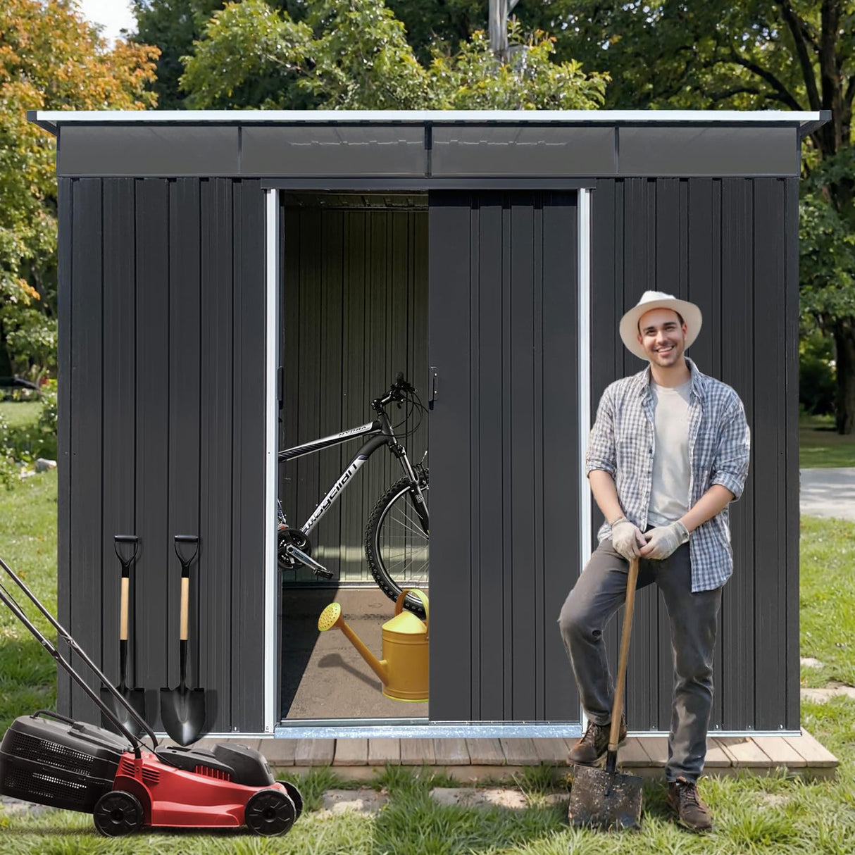 8 x 6 FT Outdoor Storage Shed, Metal Garden Tool Shed with Slooping Roof, Lockable Doors and Aluminum Frames, Easy to Assemble for Garden, Patio, Lawn, Black LINKHOO