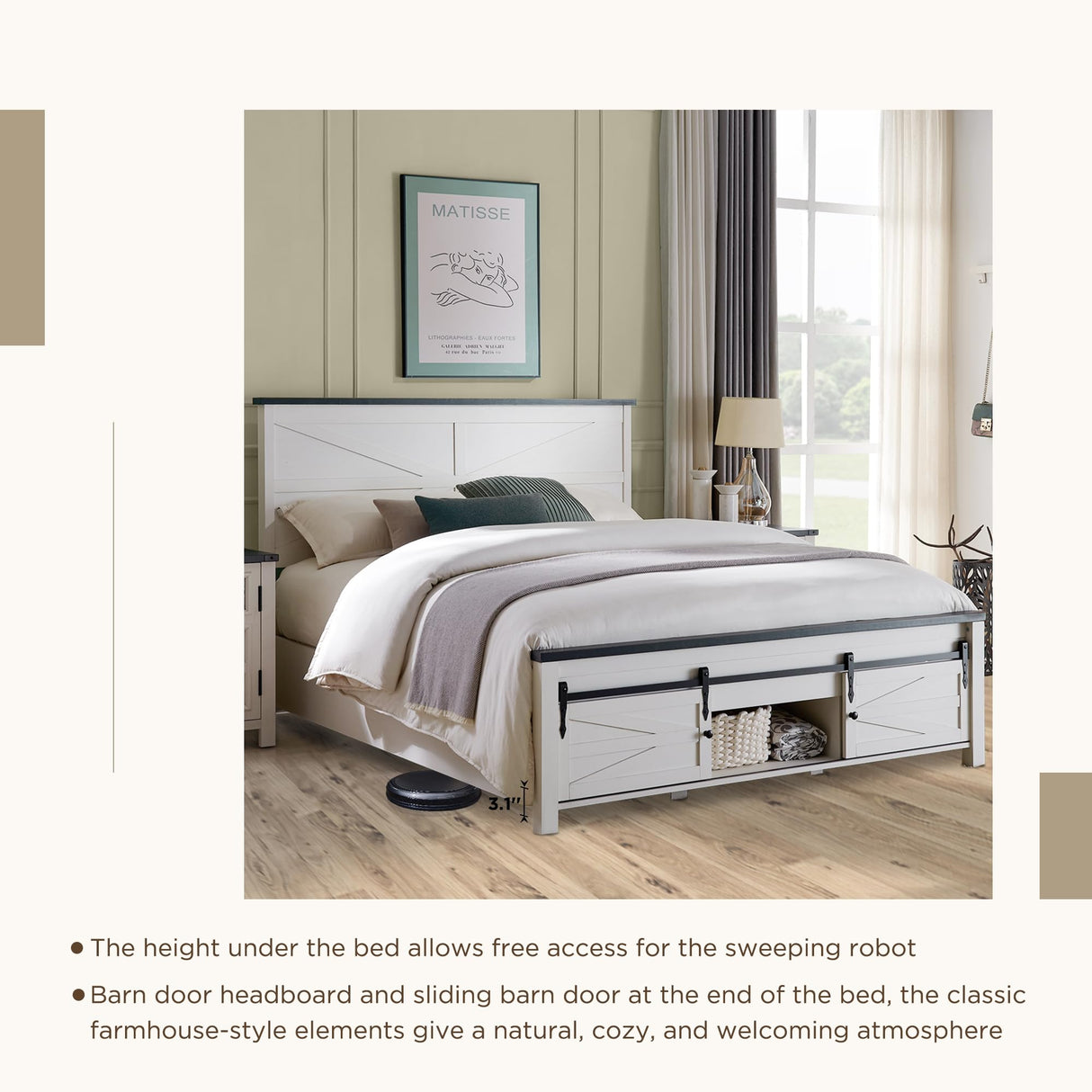 JXQTLINGMU King Farmhouse Wood Bed Frame with Sliding Barn Door Storage Cabinets, Solid Wood Slats Support, Noiseless, No Box Spring Needed, Antique White JXQTLINGMU