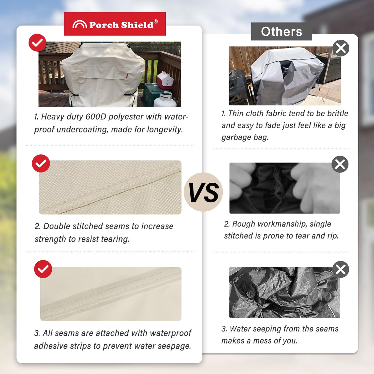 Porch Shield 58W x 24D x 46H inch Premium Gas Grill Cover Up to 56 inch, Waterproof and Fade Resistant 600D BBQ Covers for Weber, Brinkmann, Char-Broil and More, Light Tan Porch Shield