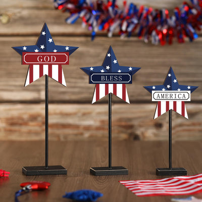 DoubleFill 3 Pieces Patriotic Decorations Memorial Day Wooden Star Tabletop Decor 4th of July Red White and Blue Star Sign for Independence Day Tiered Tray Table Home Decor