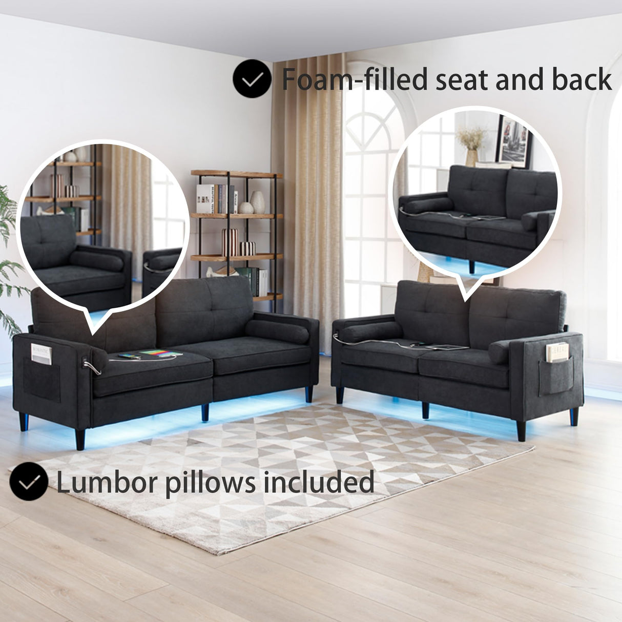 Harper & Bright Designs 76.5-Inch Modern Sofa Couch with 2 Side Pockets, USB Ports on Armrests and LED Lights – Linen Fabric 3-Seater for Living Room, Apartment or Office in Black Harper & Bright Designs