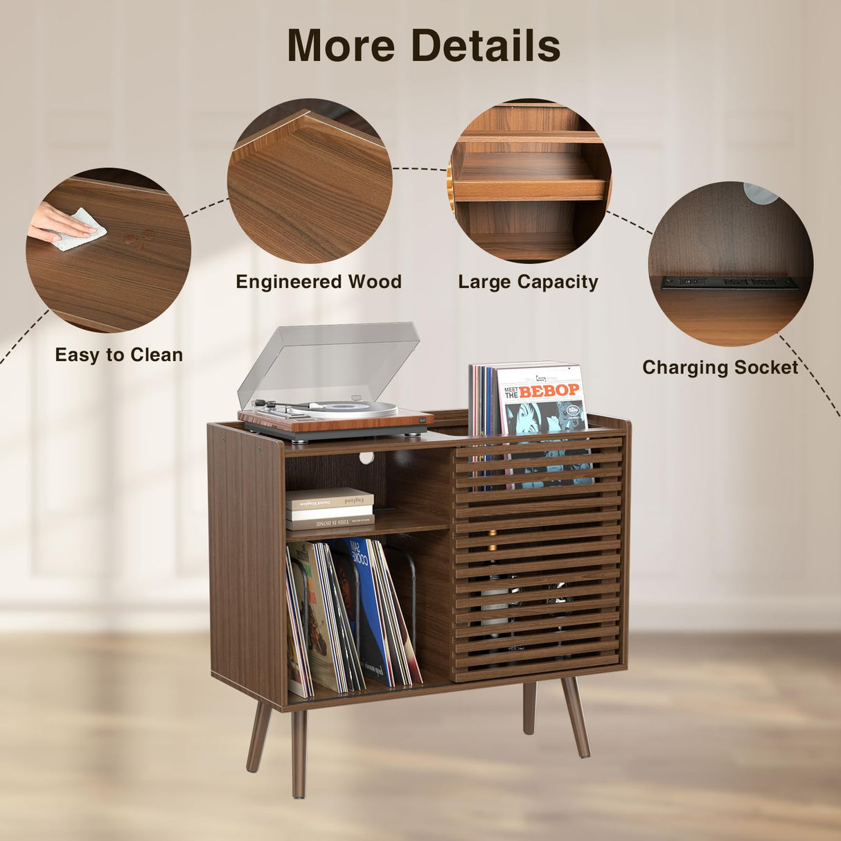 Mid Century Modern Record Player Stand with Power Outlet and Storage Cabinet, Slide Door for Bedroom and Living Room Halitaa