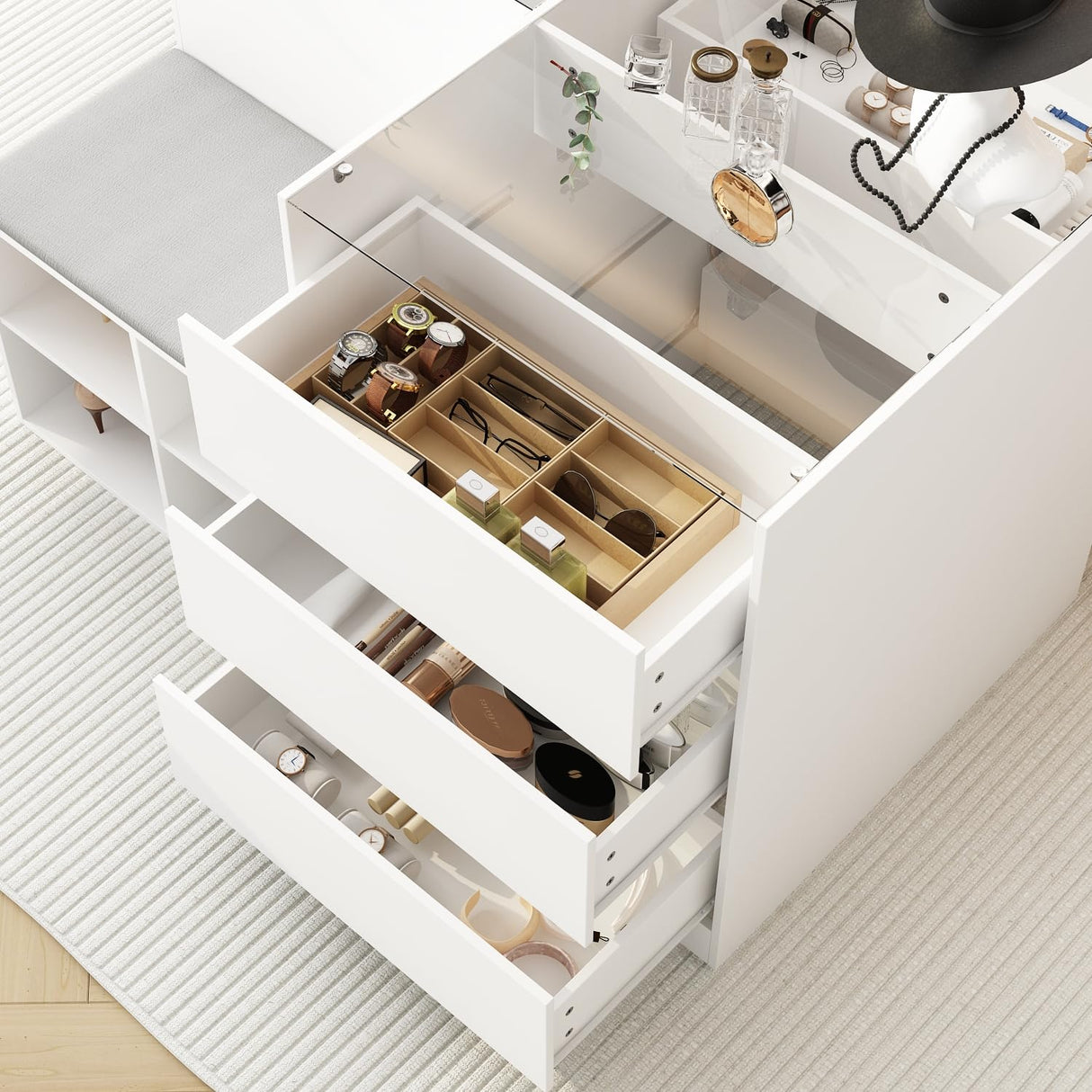 TAMUNE Armoire Bedroom Island Wardrobe Closet Island with 9 Drawers & Glass Tabletop, Islands Dresser with Bench, Closet Islands for Bedroom Cloakroom White (47.2”W x 27.5”D x 31.5”H) TAMUNE