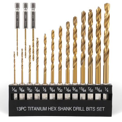 COMOWARE Titanium Twist Drill Bit Set - 16 Pcs Hex Shank High Speed Steel for Wood Plastic Aluminum Alloy, Quick Change, 1/16"-1/4"