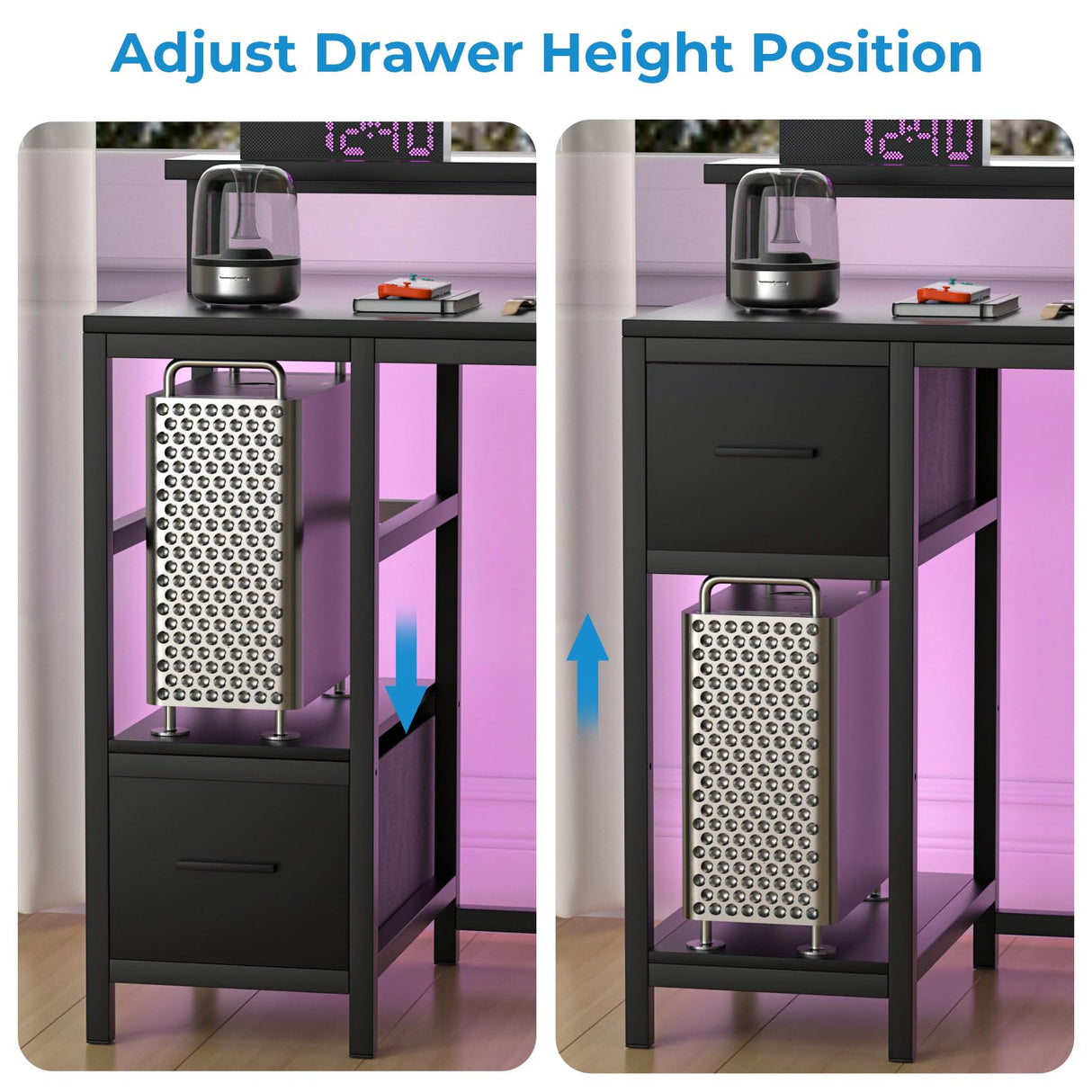 GreenForest Computer Desk with Drawers 39 inch,Gaming Desk with LED Lights & Power Outlets Small Desk with Monitor Stand and Reversible Shelf,Black GreenForest