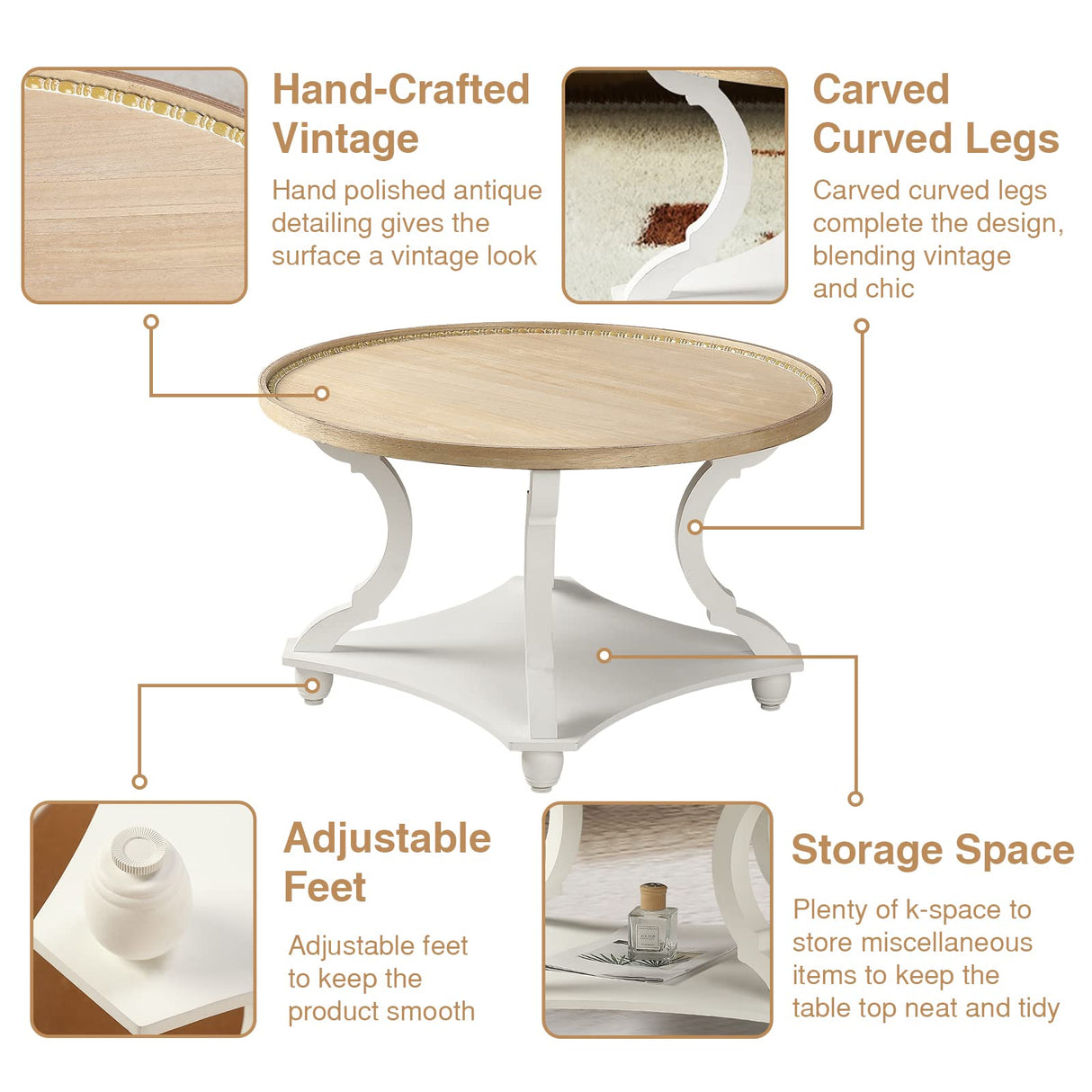 Wnutrees Farmhouse Round Coffee Table, Rustic Circle Coffee Table with Wood Tray Top for Living Room, Boho Coffee Table with Storage Shelf, Handcrafted Finish, White Wnutrees