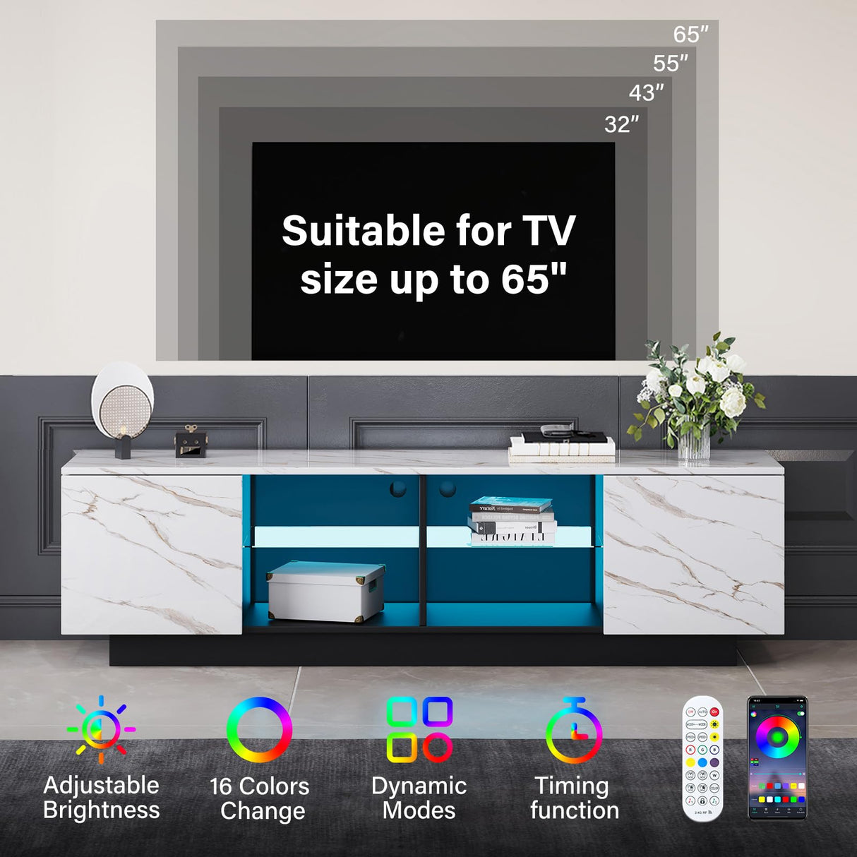 Svimi Modern Coffee Table & 65" TV Stand Set of 2, LED Entertainment Center with Power Outlets/Hidden Storage (White Coffee Table + White TV Stand) Svimi
