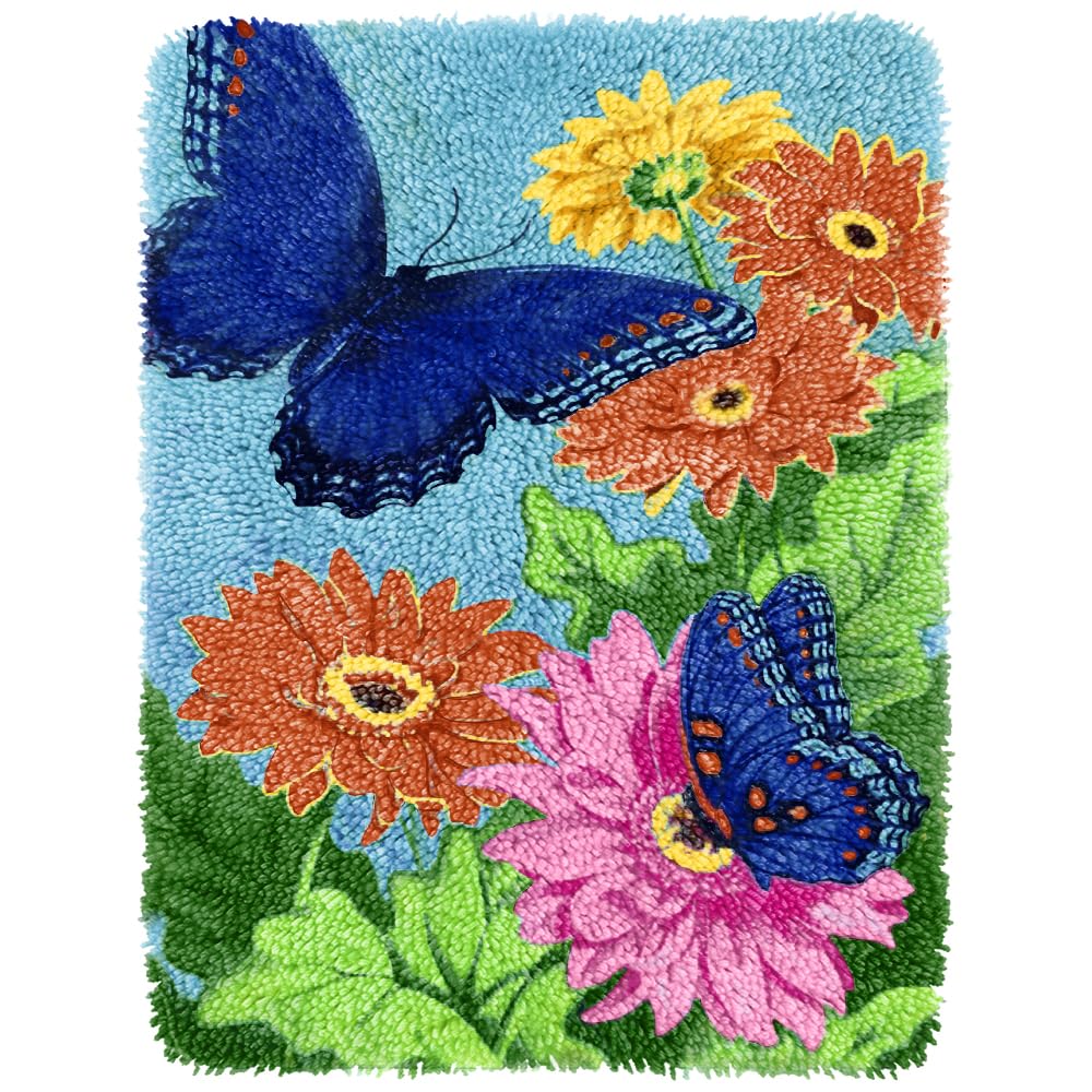 Yjunue Butterfly Floral Latch Hook Kits for Adults, DIY Crochet Yarn Rugs Hooking Craft Kit with Color Preprinted Pattern Design for Kids Adults and Beginners(Butterfly, 20 x 15in) Yjunue