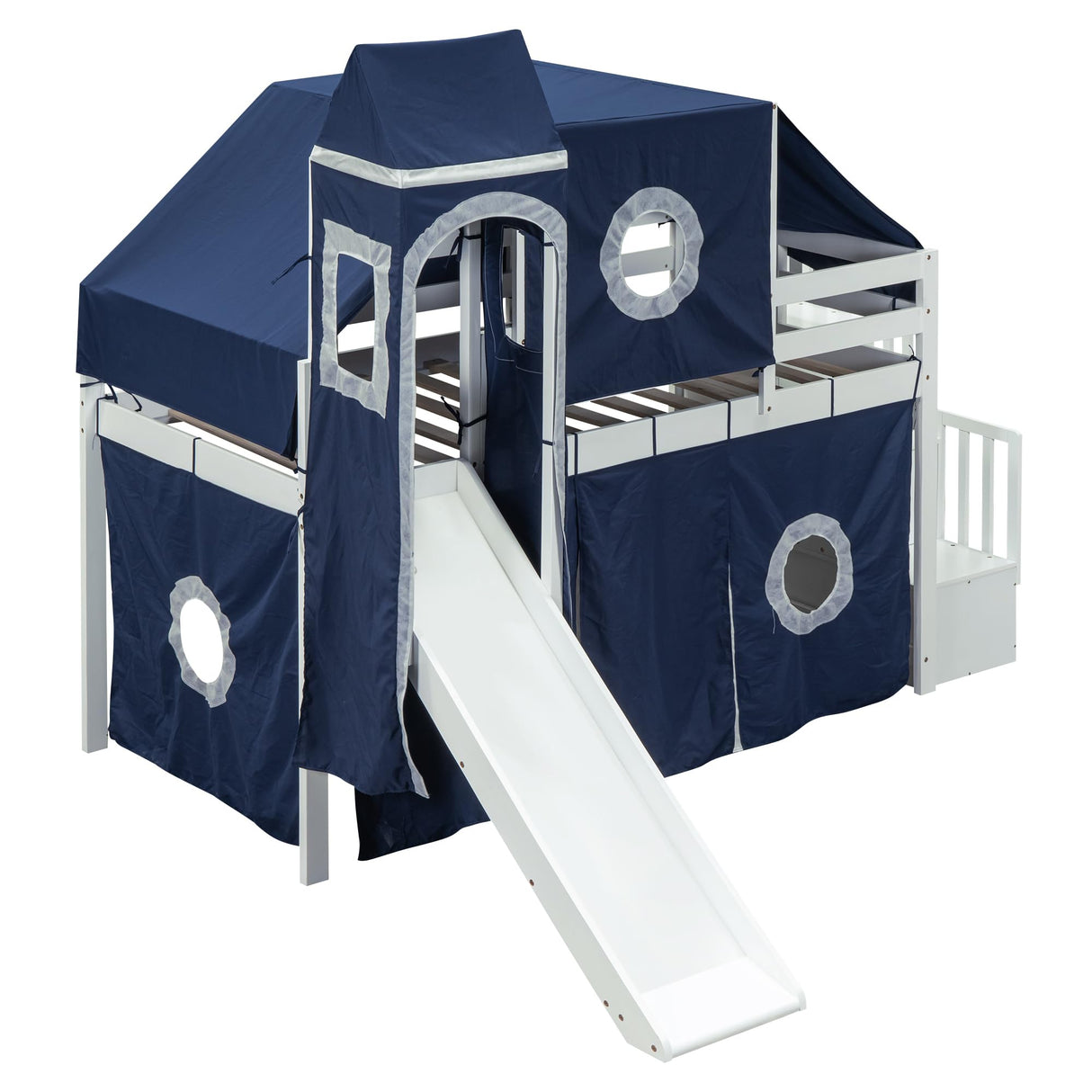 Harper & Bright Designs House Loft Bed with Slide and Storage Stairs, Wood Kids Loft Bed with Tent and Tower, Playhouse Loft Bed Frame for Kids, Teens (Twin Size, Blue) Harper & Bright Designs