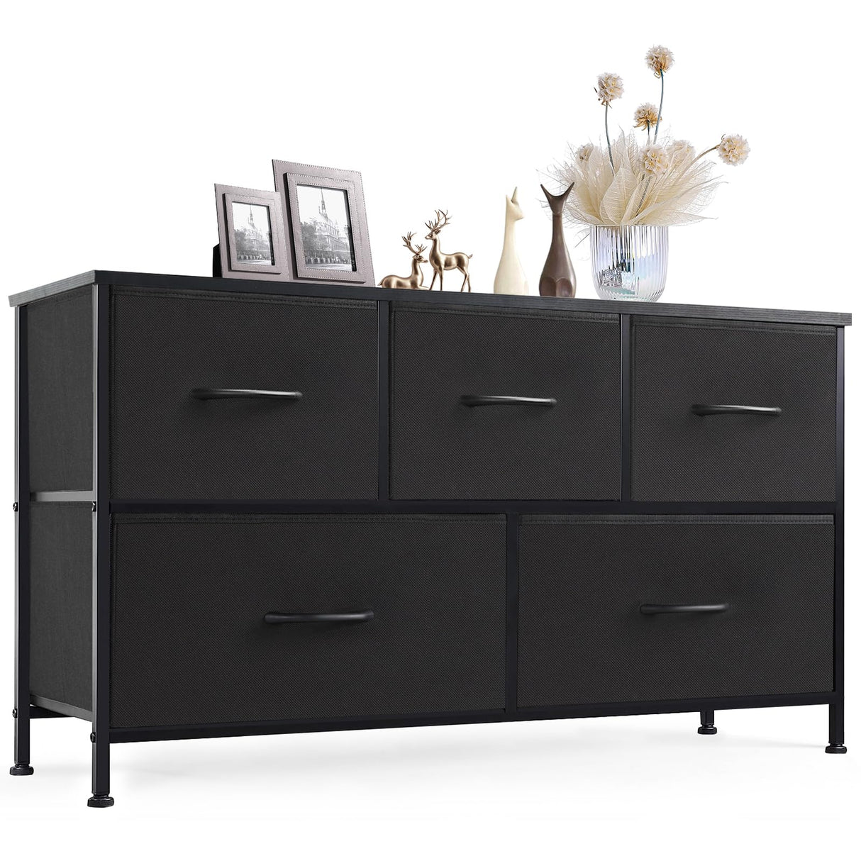 Sweetcrispy Dresser for Bedroom with 5 Storage Drawers, Fabric Storage Tower Organizer, Chest of Drawers with Metal Frame Wooden Top for Closet, Living Room, Entryway, Black Sweetcrispy
