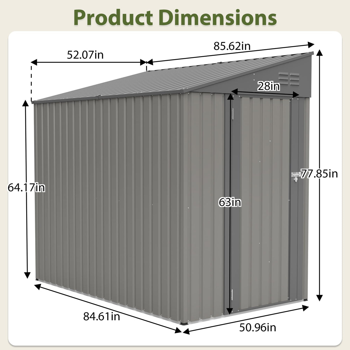YOPTO 4x8 FT Outdoor Storage Shed,Lean to Lockable Metal Garden Shed Steel with Reinforced Beams,All Weather Waterproof Storage House W/Lockable Door&2 Air Vents,for Backyard,Patio,Lawn,Garden,Gray YOPTO
