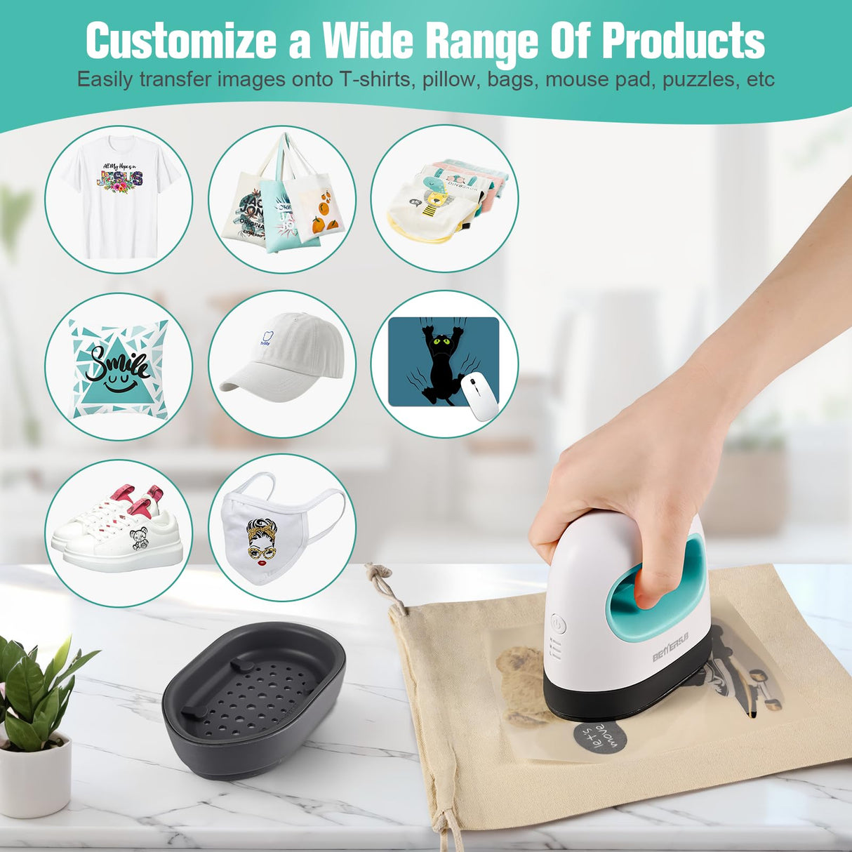 BetterSub Mini Heat Press Machine, Small Heat Press Portable Iron Press Machine, Sublimation and HTV Vinyl Shirt Press Machine for Hat, Bags, Heating Transfer Small Projects (Teal) BetterSub