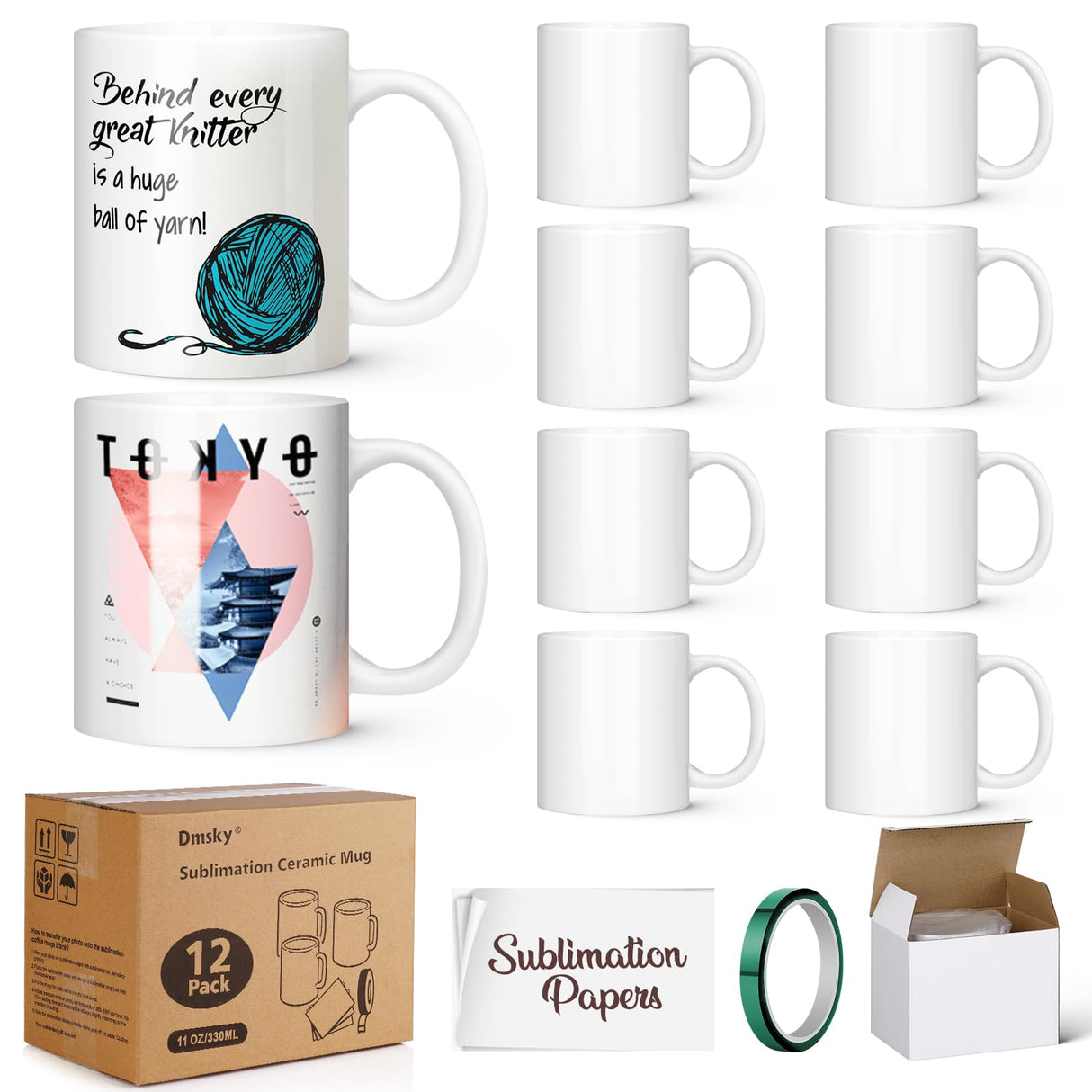 Dmsky Sublimation Coffee Mugs Tazas Para Sublimar 11 oz Blank Bulk Coffee Mug White Ceramic Photo Cups With Box, Heat Tape, sublimation paper Ideal for Crafts Printing Set of 12 Dmsky
