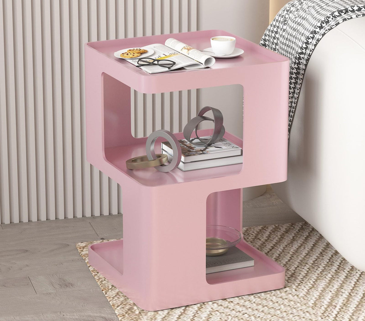 BAOGELIYA Metal Small Nightstands, Modern Side Table with 3 Tiers Storage, Pink End Table for Couch, Living Room Bedroom, Bedside Tables No Assembly Required BAOGELIYA