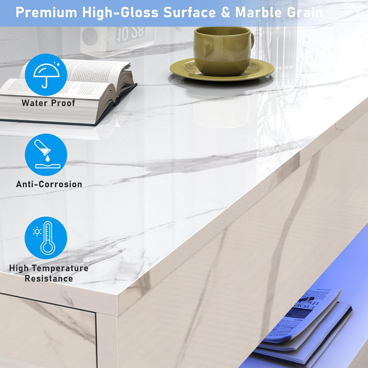 chartustriable 47inch Large High-Glossy LED Coffee Table with 2 Sliding Drawers, Living Room Storage Tables with Marbling Print, Modern Stylish Double-Layer Center Tables w/LED Lights, White chartustriable